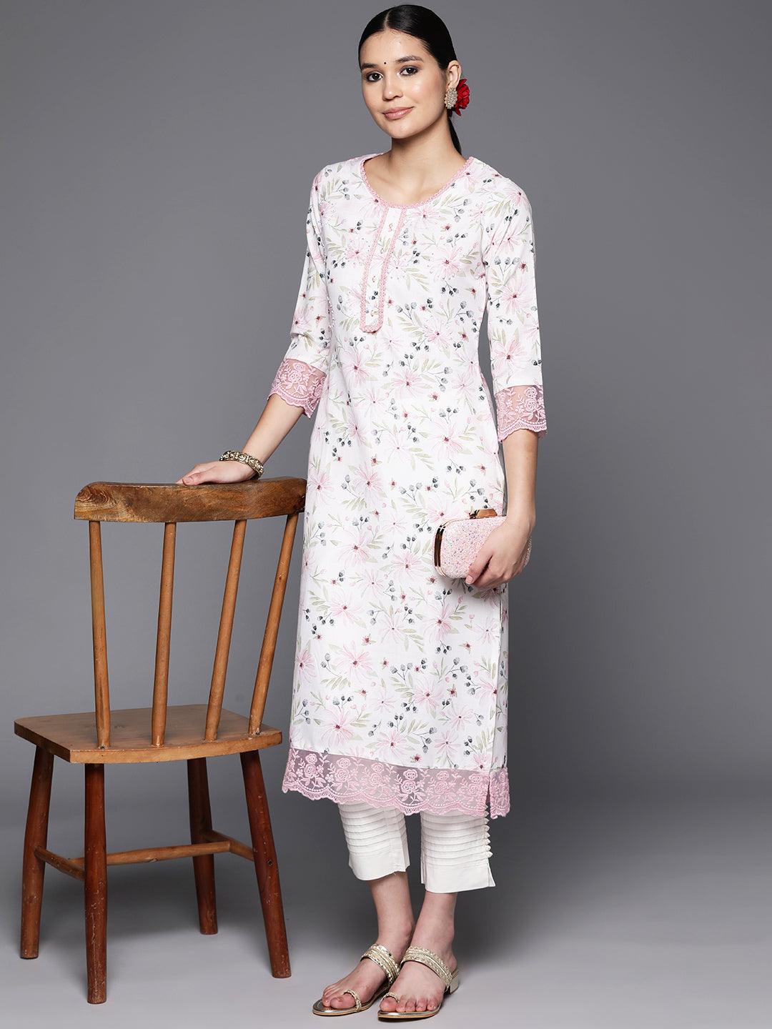 Off White Printed Cotton Straight Kurta - Libas 