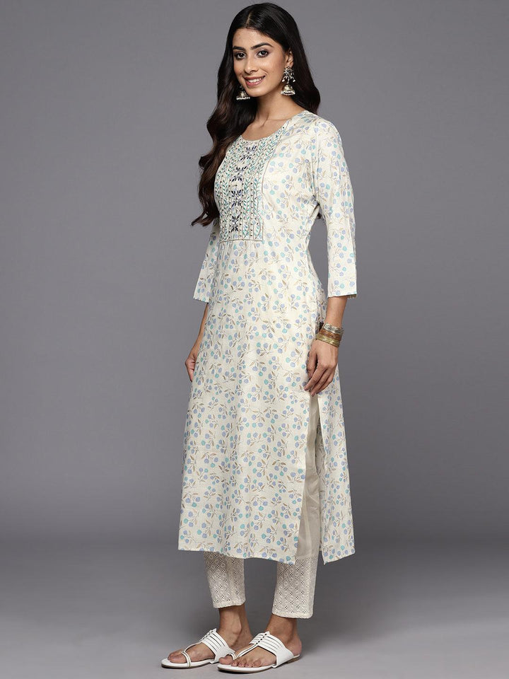 Off White Printed Cotton Straight Kurta - Libas