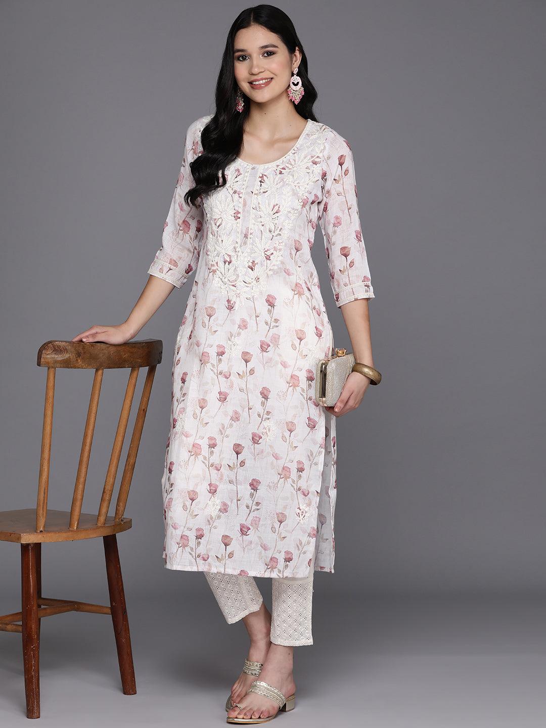 Off White Printed Cotton Straight Kurta - Libas