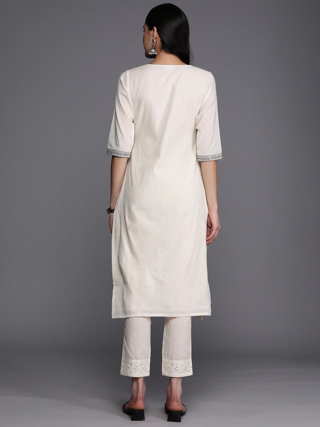 Off White Printed Cotton Straight Kurta - Libas 