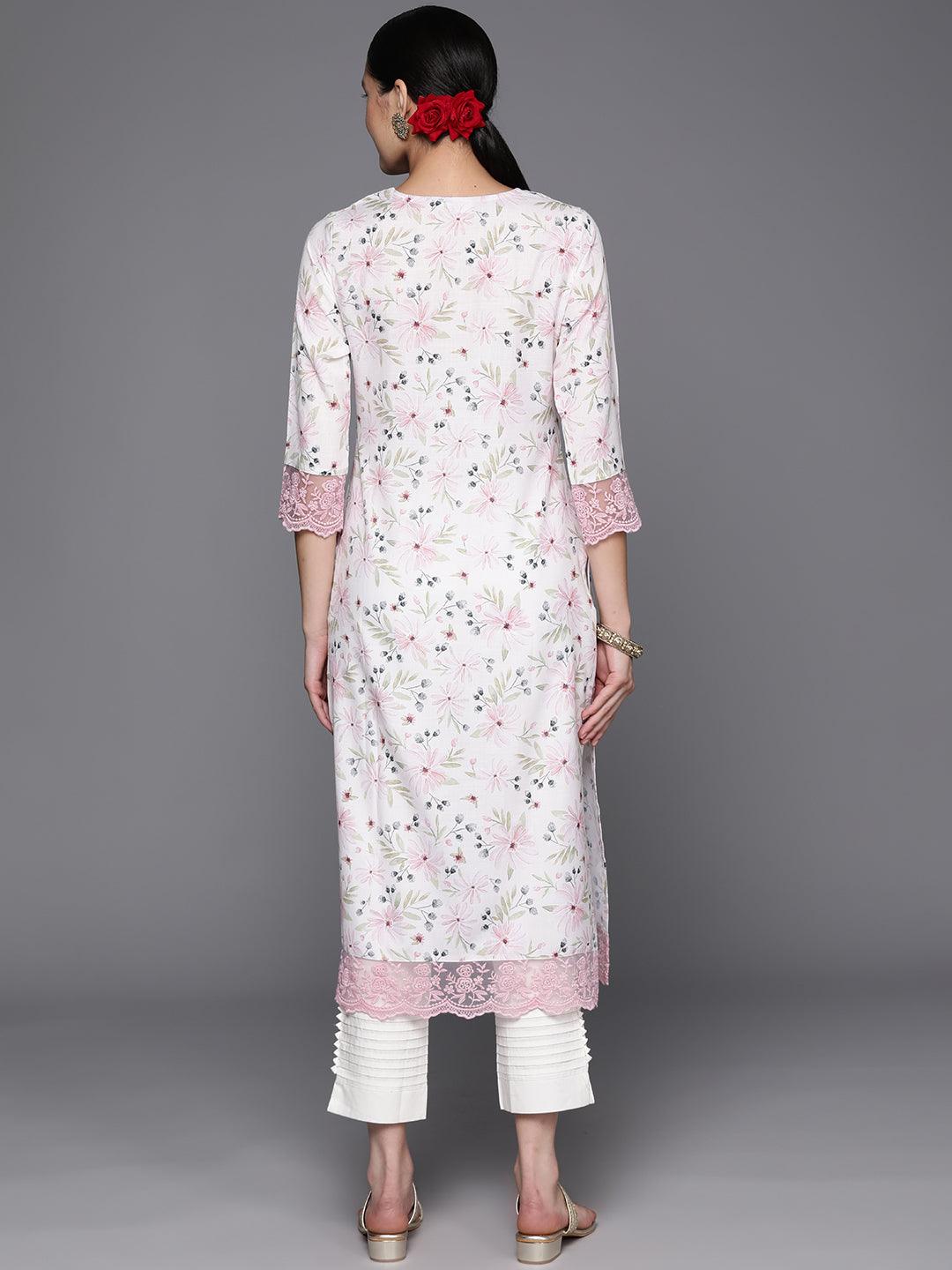 Off White Printed Cotton Straight Kurta - Libas 