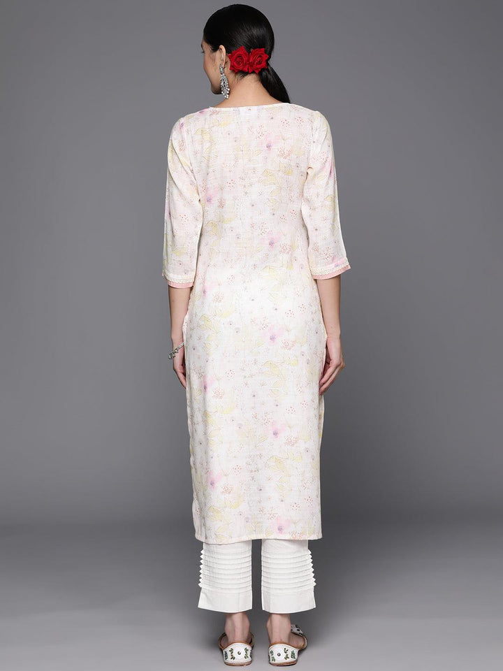 Off White Printed Cotton Straight Kurta - Libas