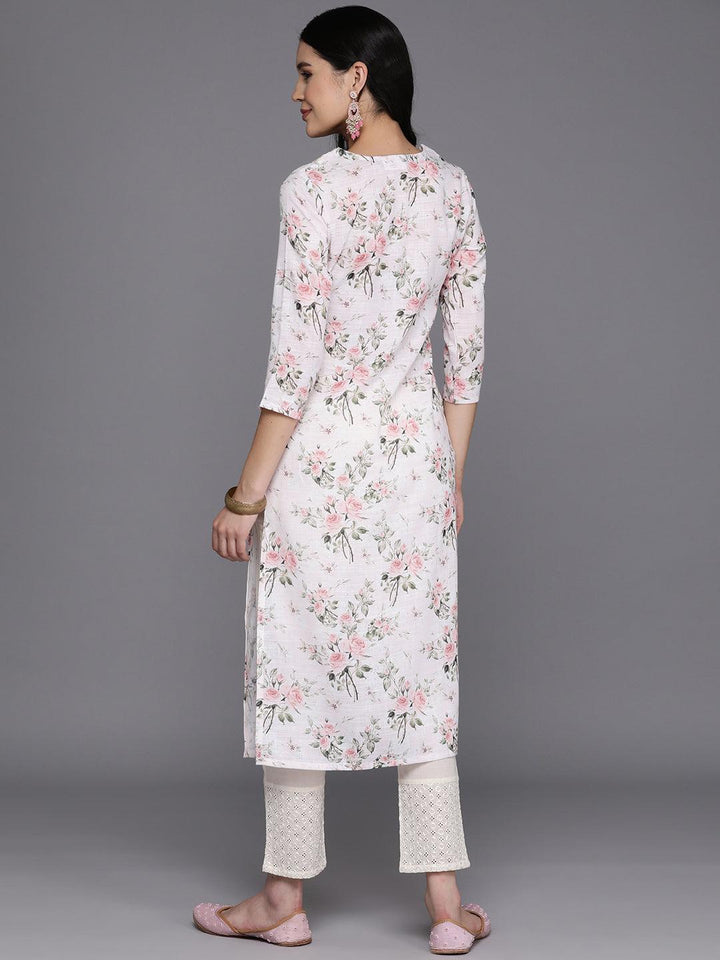 Off White Printed Cotton Straight Kurta - Libas