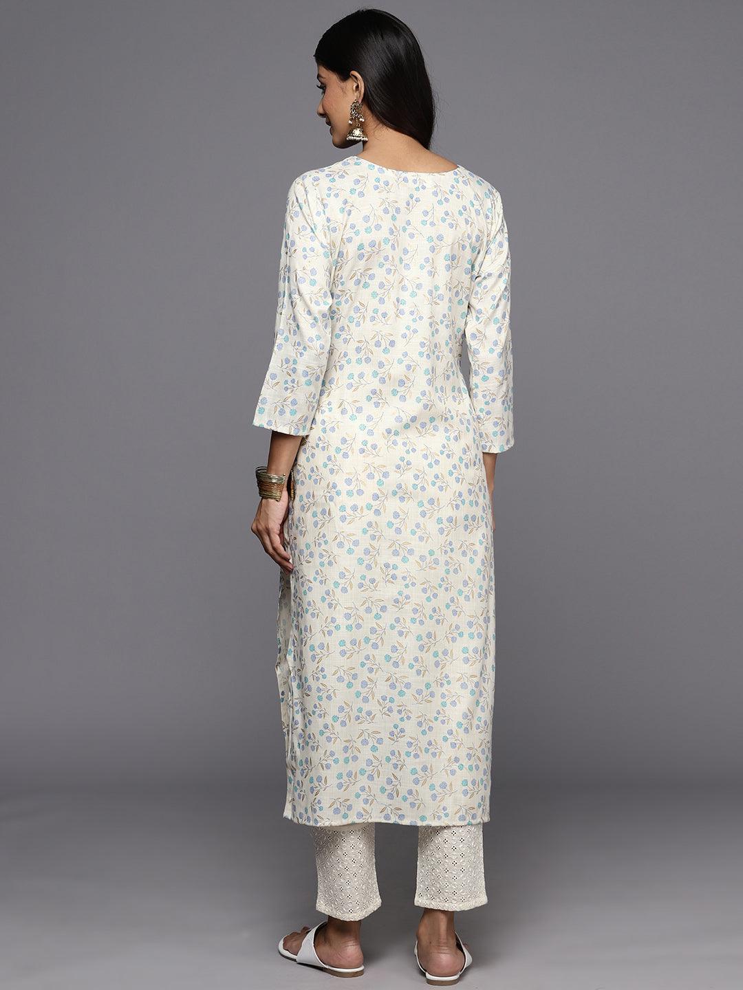 Off White Printed Cotton Straight Kurta - Libas