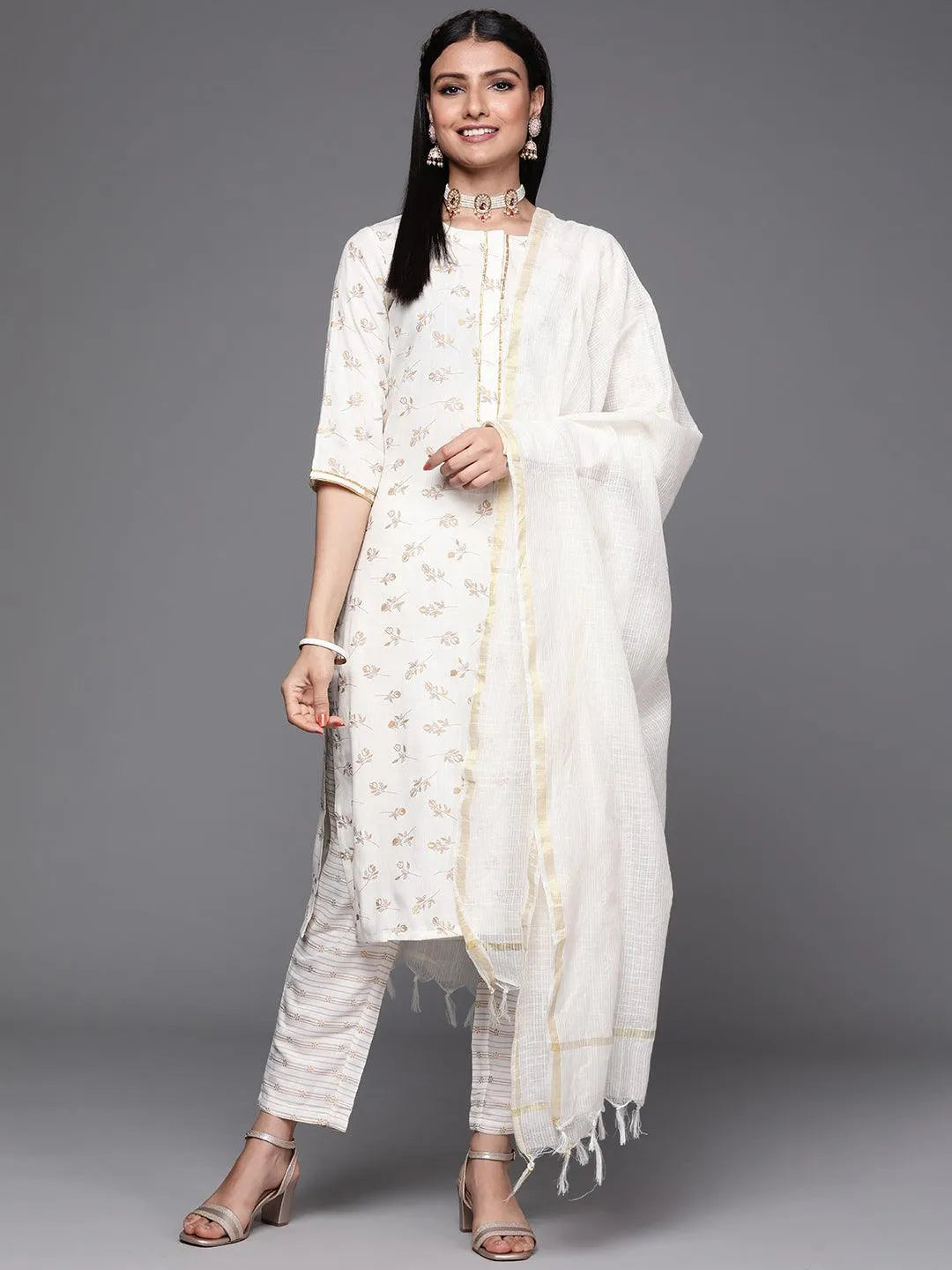 Off White Printed Cotton Suit Set - Libas