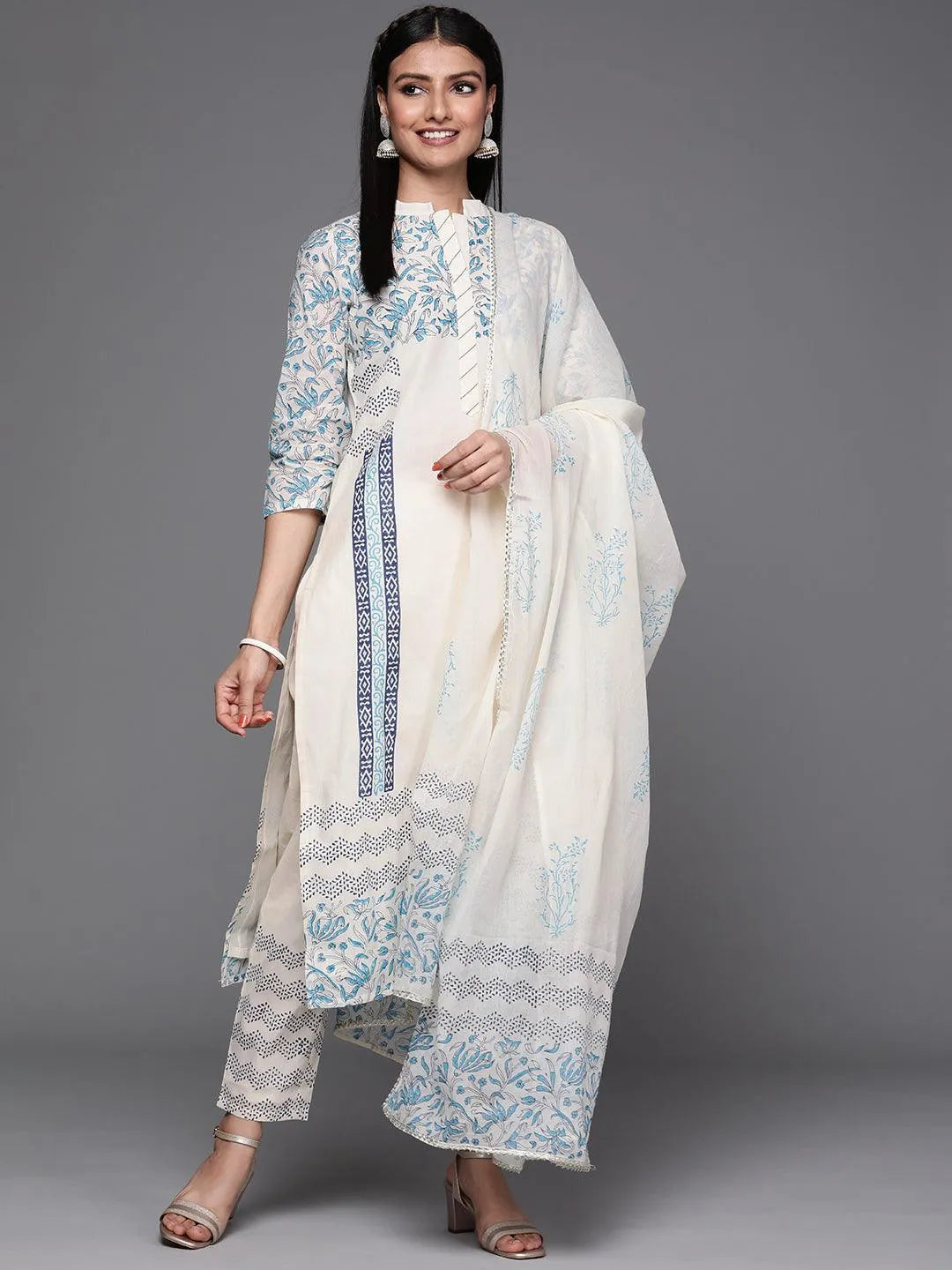 Off White Printed Cotton Suit Set - Libas