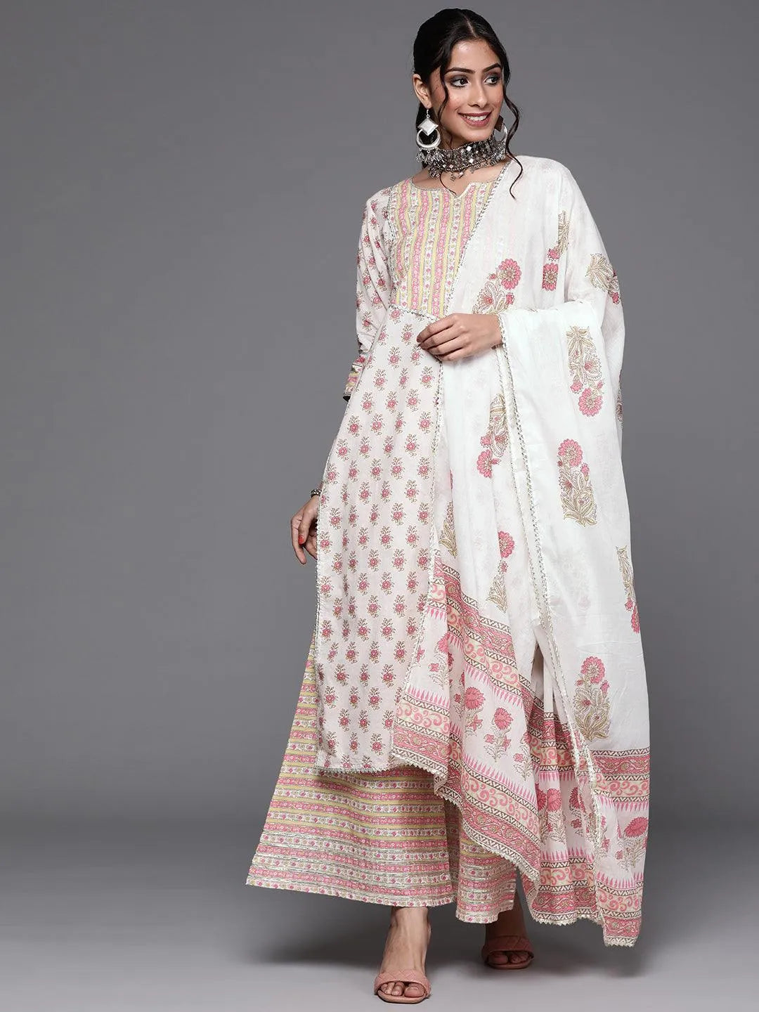 Off White Printed Cotton Suit Set - Libas 