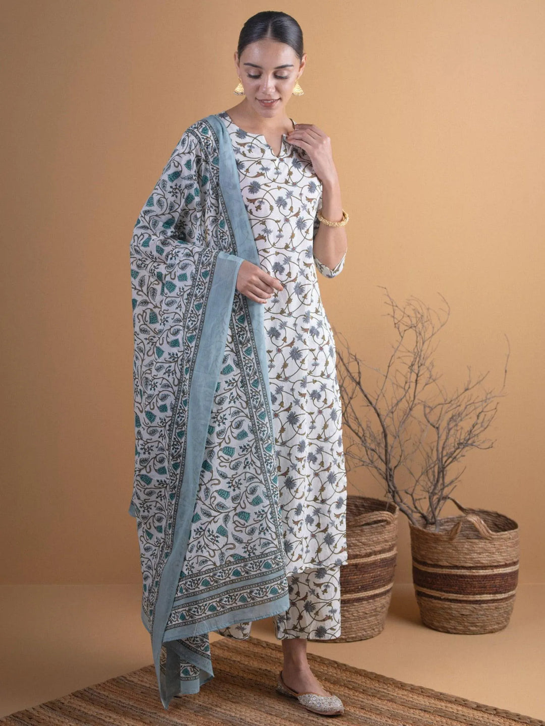 Off-White Printed Cotton Suit Set - Libas 