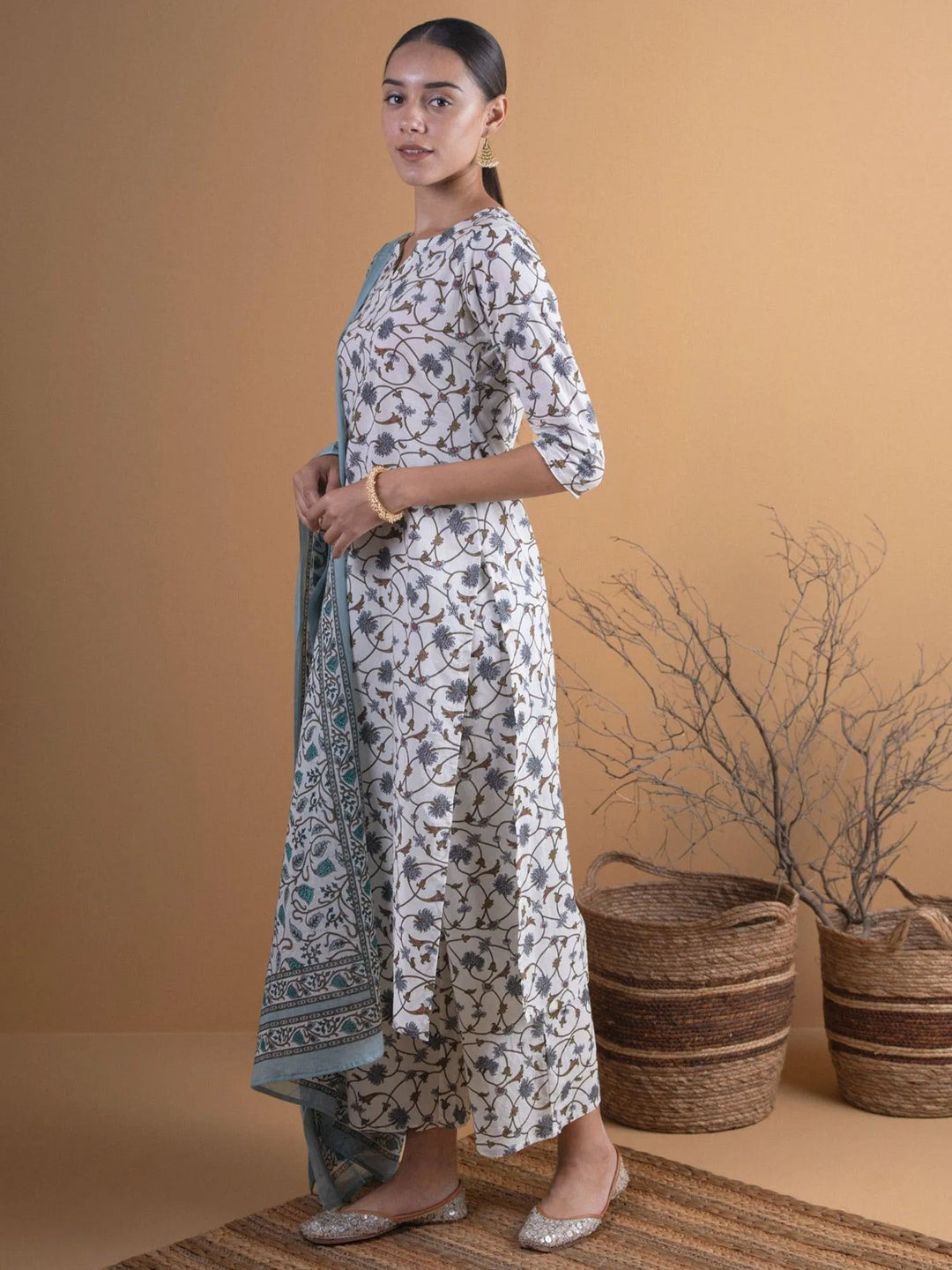 Off-White Printed Cotton Suit Set - Libas 