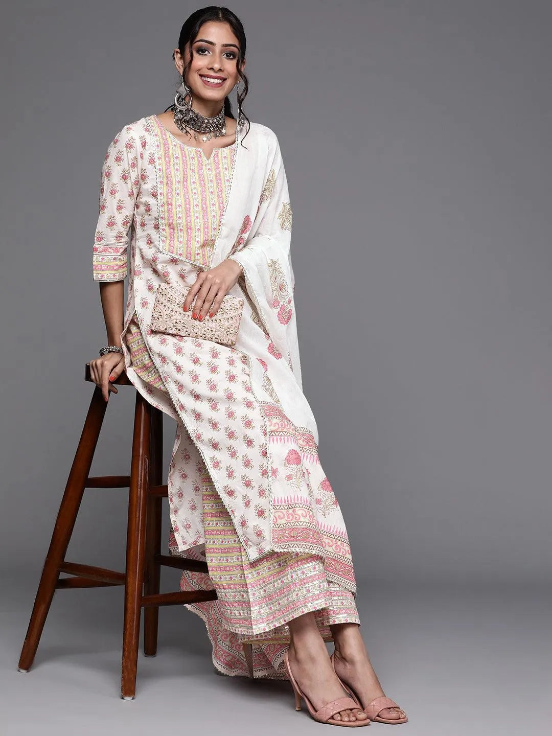 Off White Printed Cotton Suit Set - Libas 