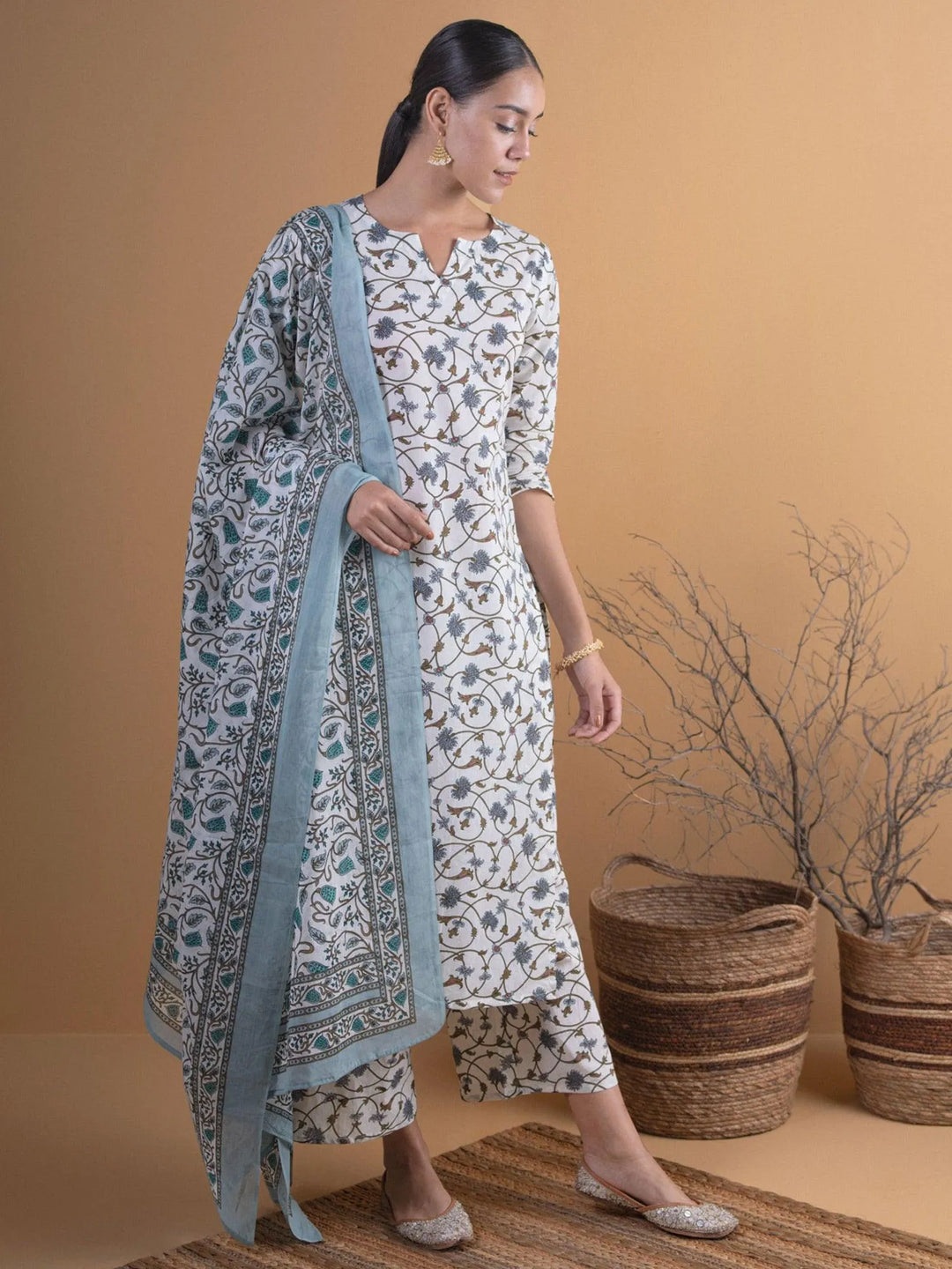 Off-White Printed Cotton Suit Set - Libas 