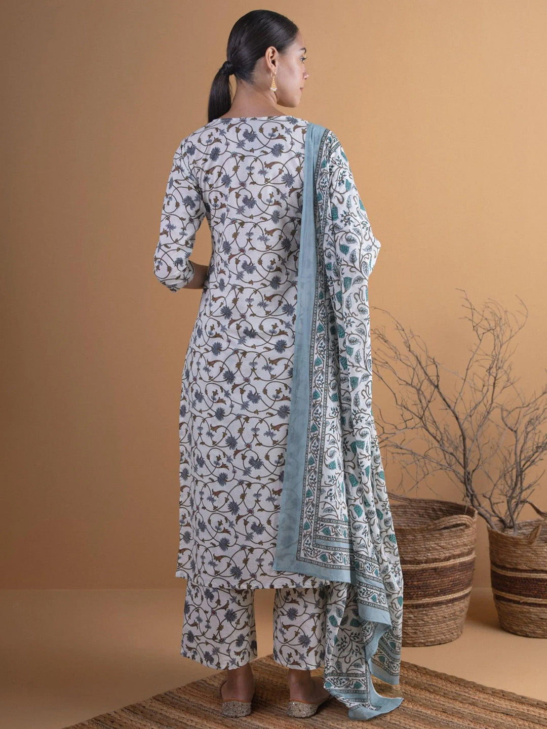 Off-White Printed Cotton Suit Set - Libas 