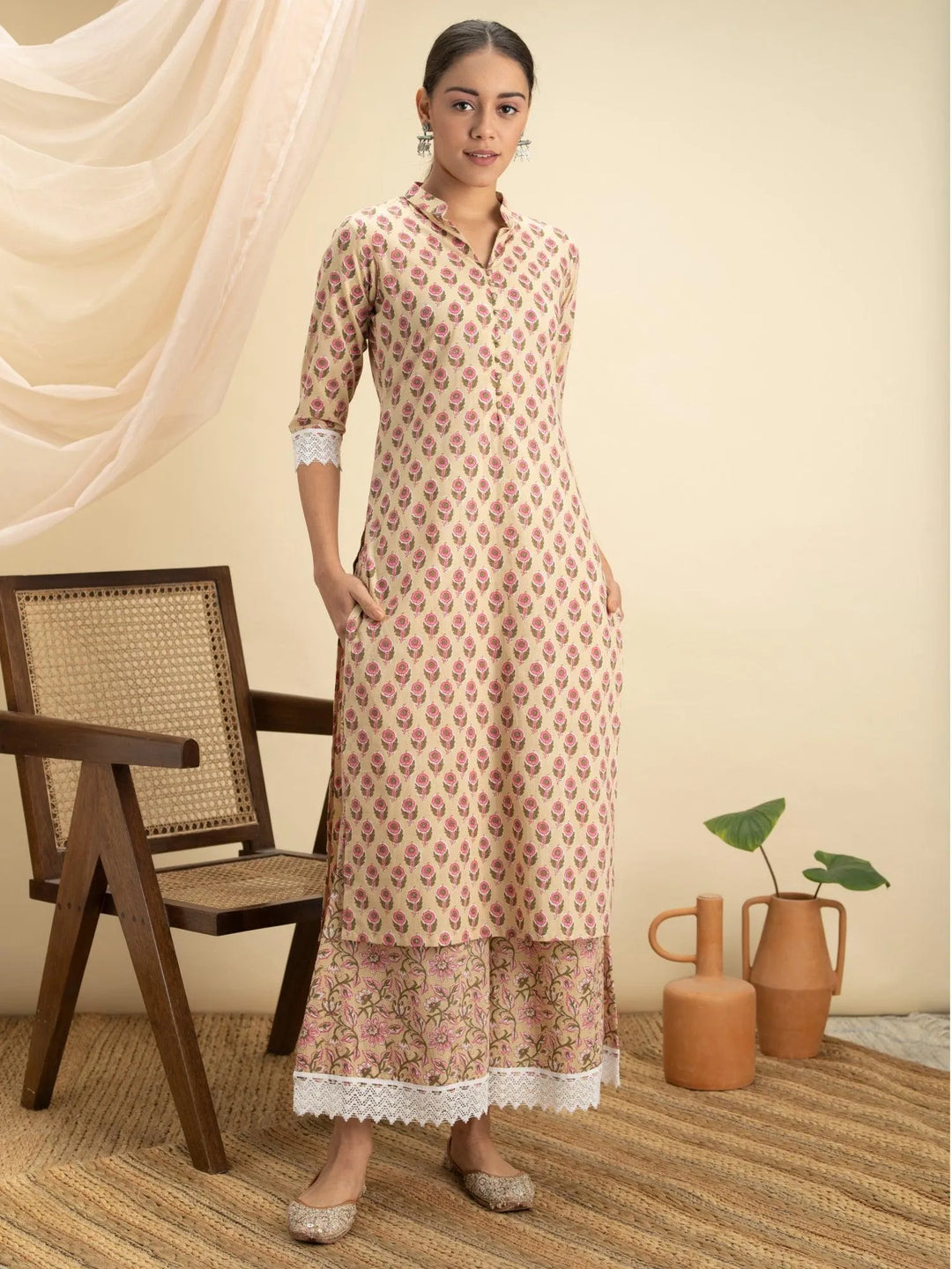 Off-White Printed Kurta Set - Libas 