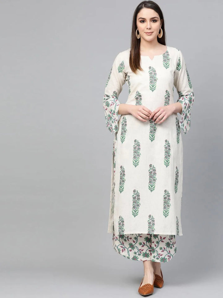 Off White Printed Cotton Kurta Set - Libas