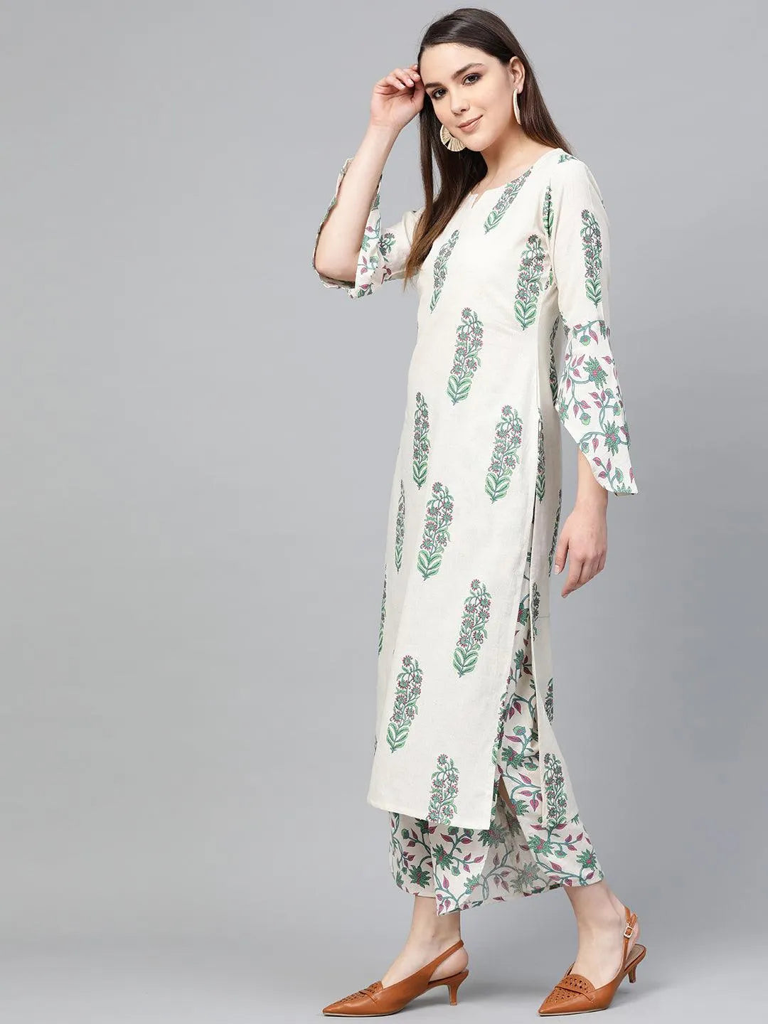 Off White Printed Cotton Kurta Set - Libas