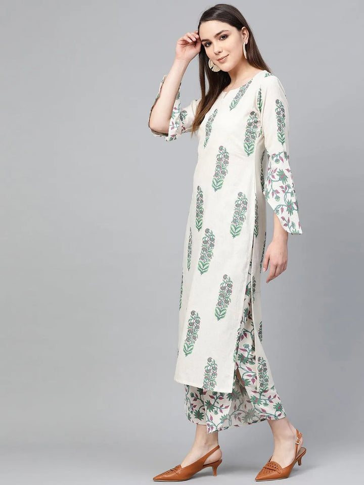 Off White Printed Cotton Kurta Set - Libas