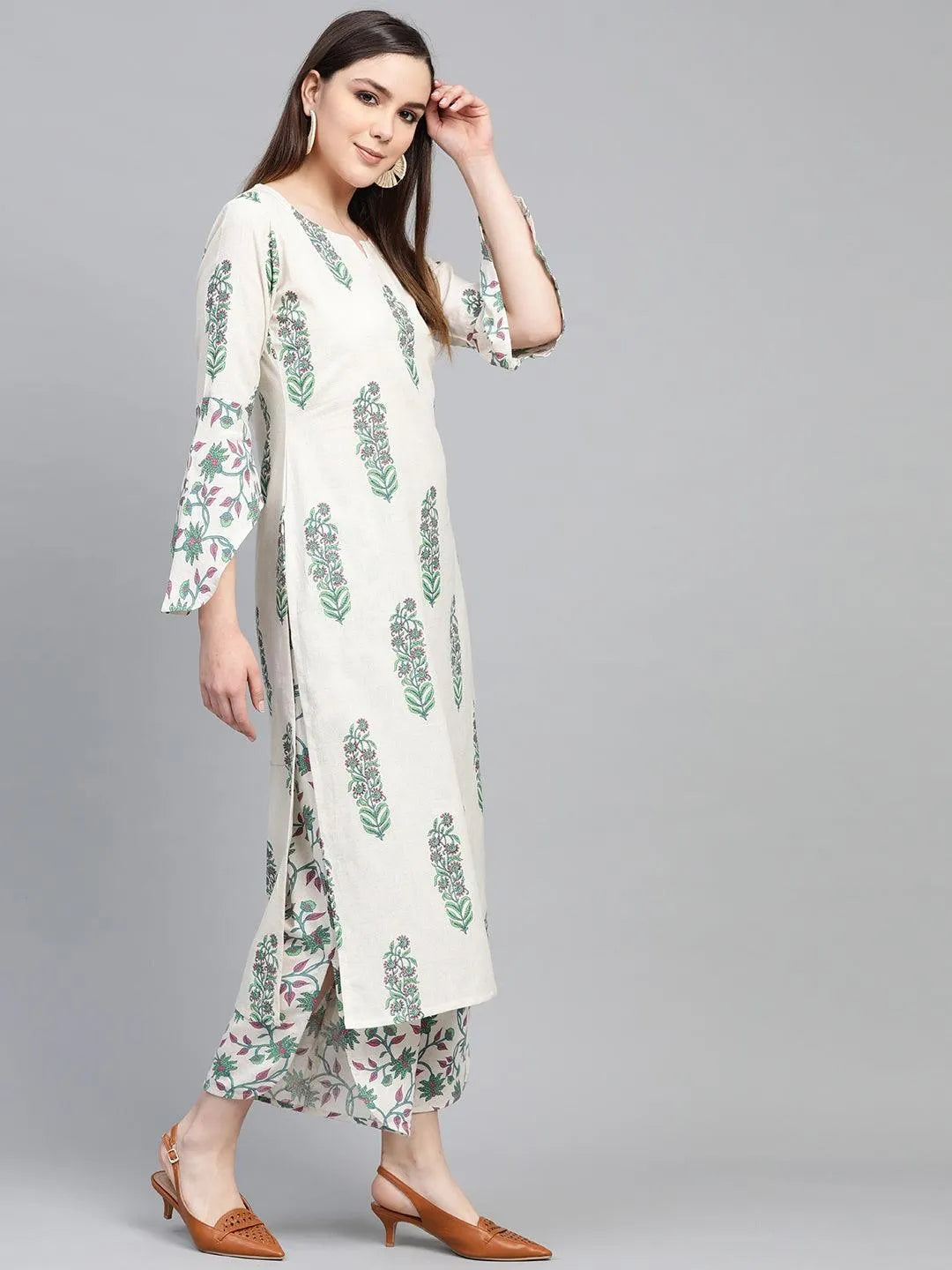 Off White Printed Cotton Kurta Set - Libas