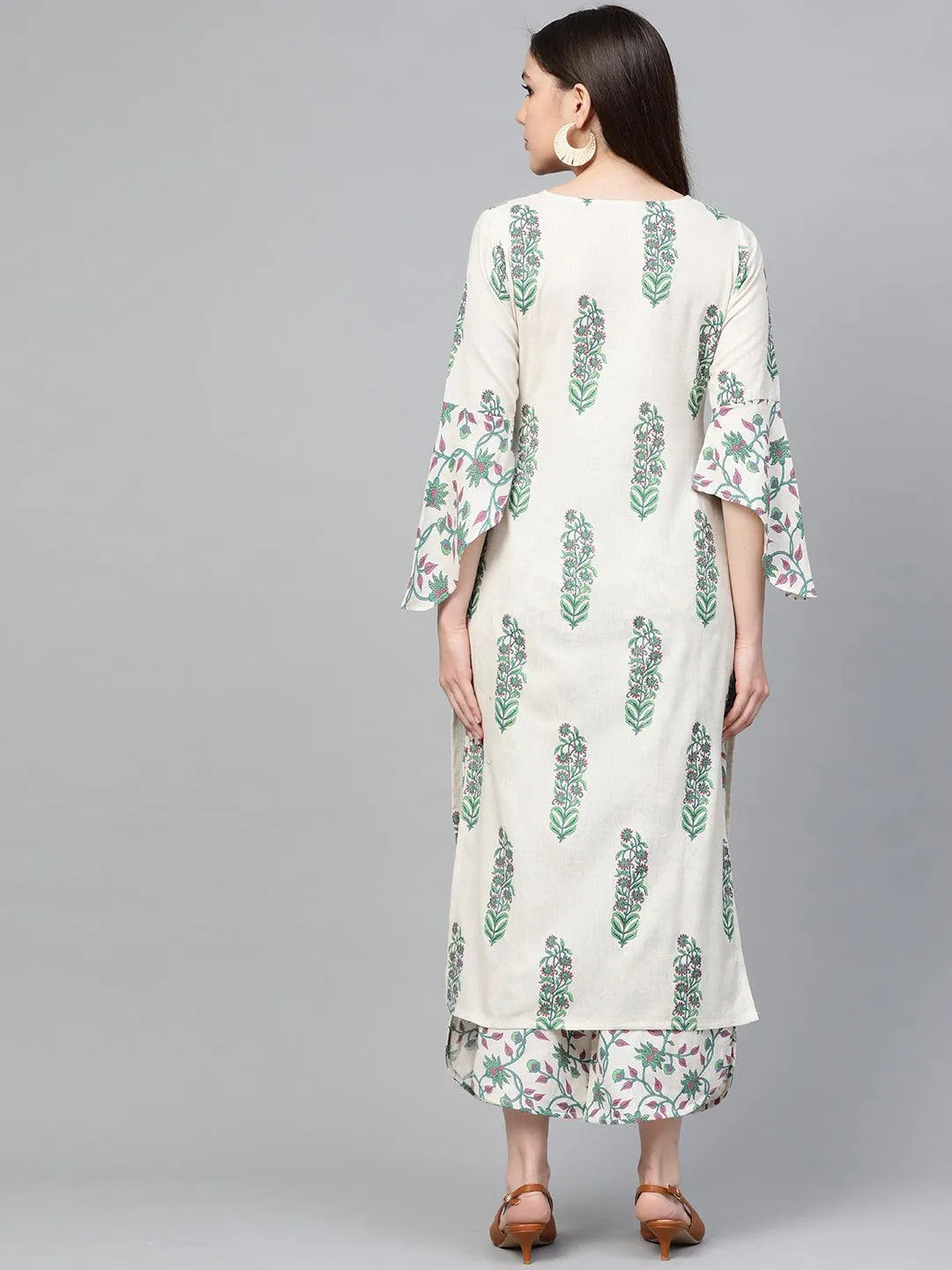 Off White Printed Cotton Kurta Set - Libas