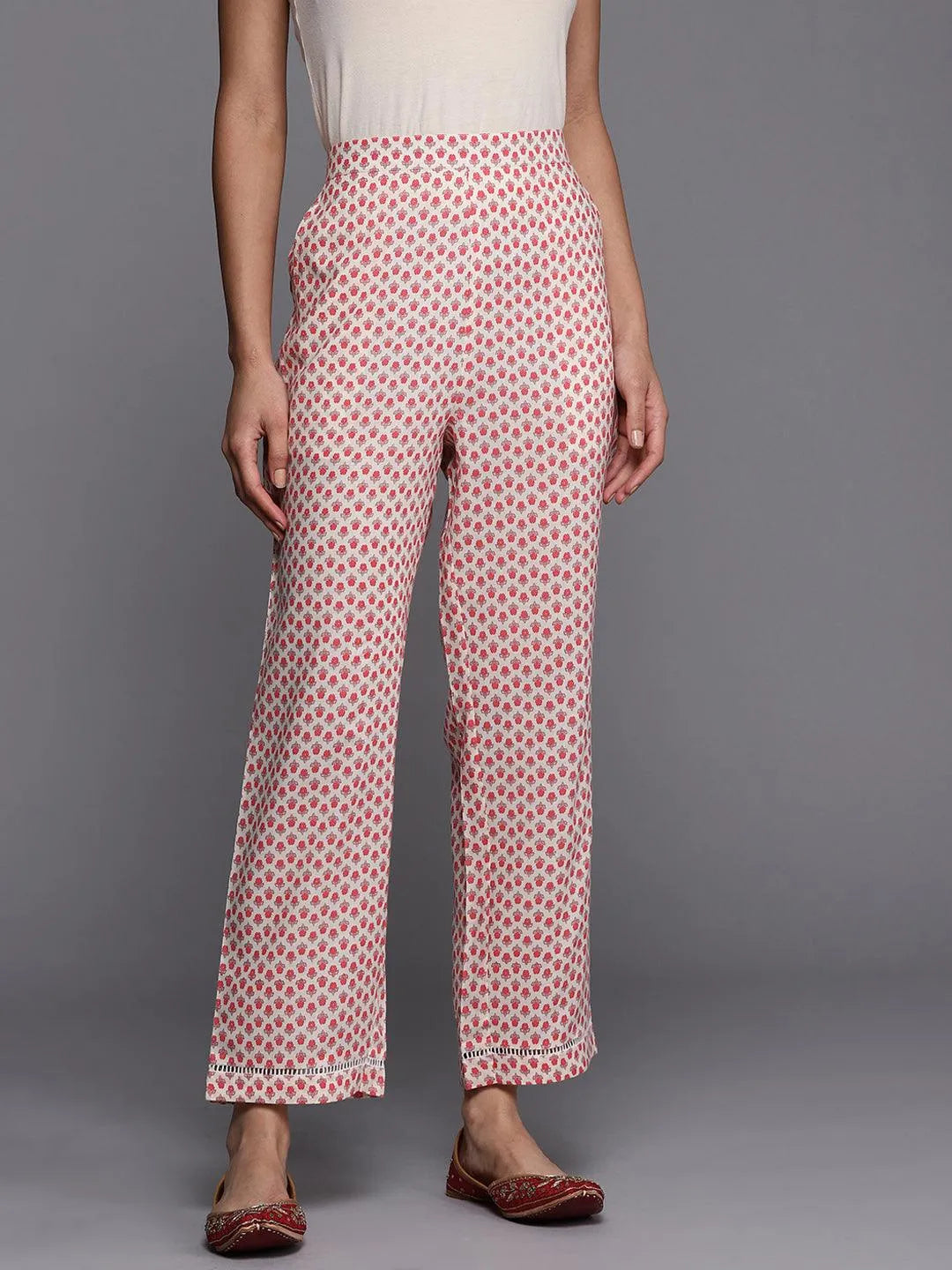 Off White Printed Cotton Trousers - Libas