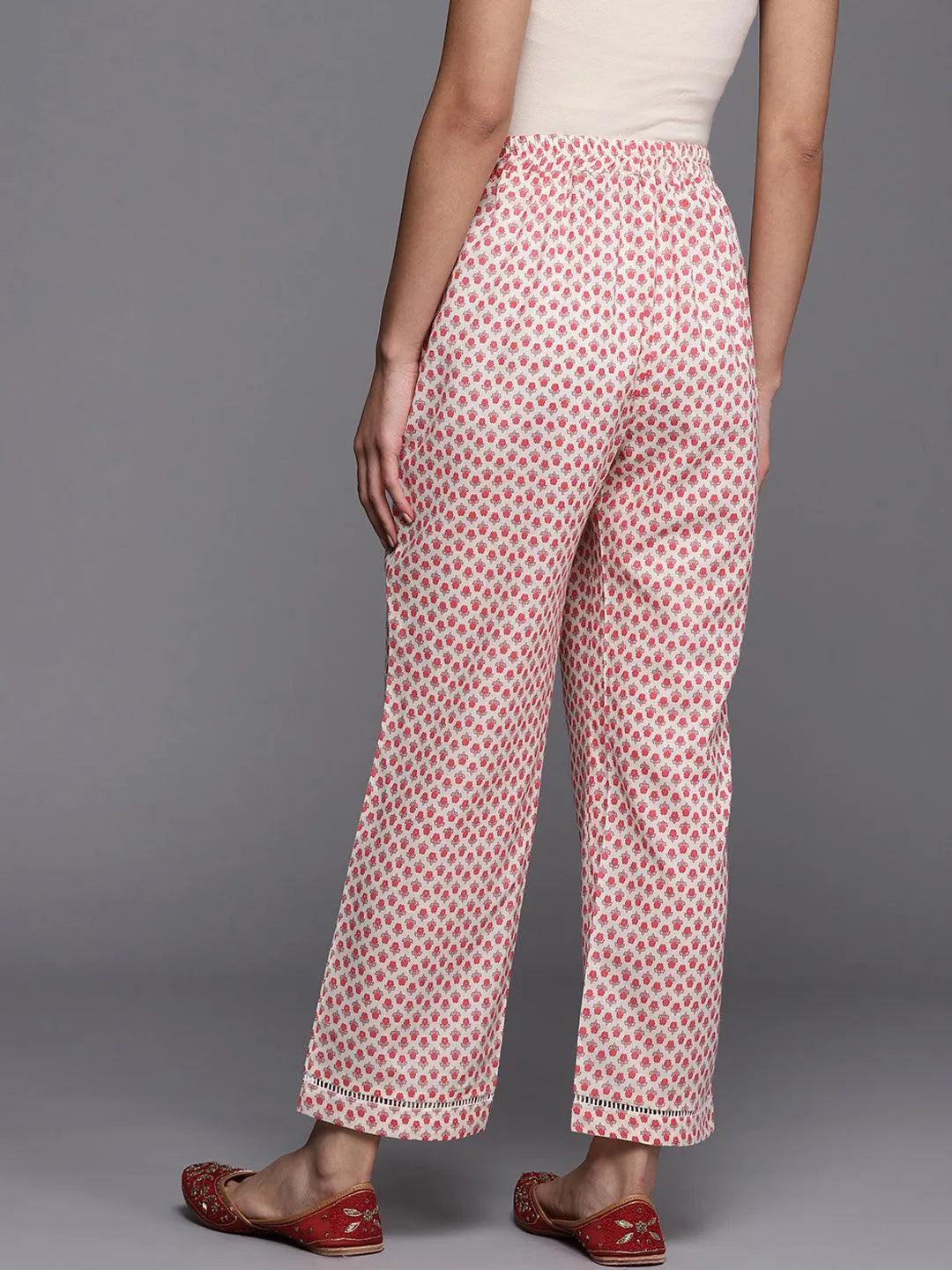 Off White Printed Cotton Trousers - Libas