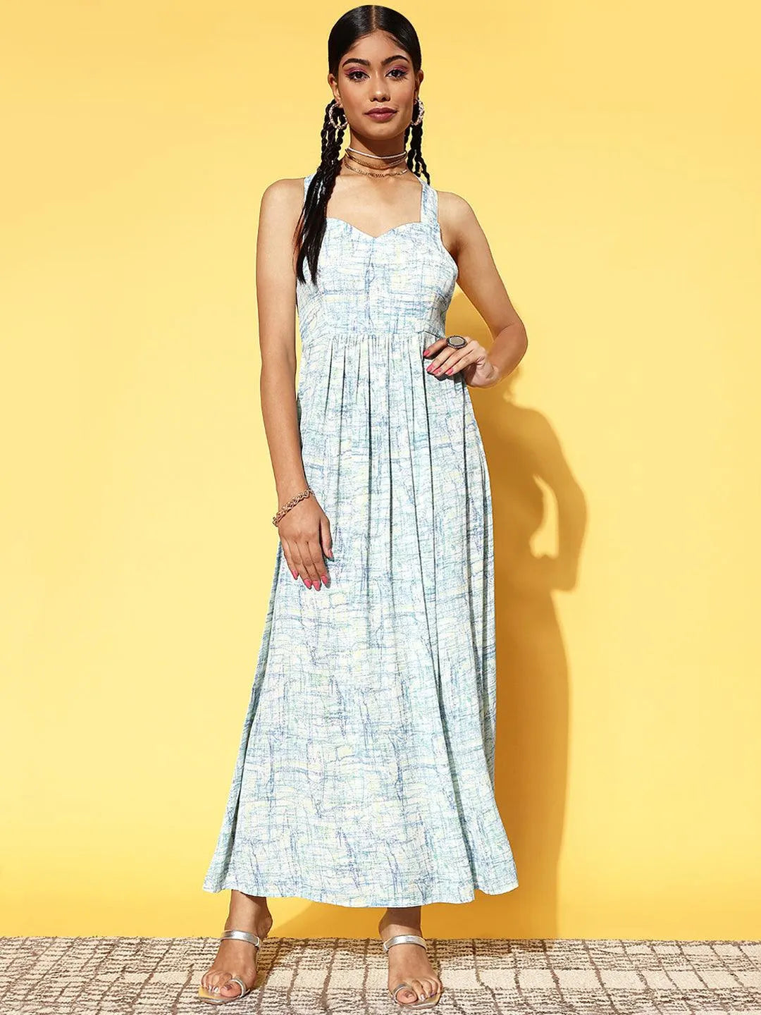 Off White Printed Georgette Fit and Flare Dress - Libas 