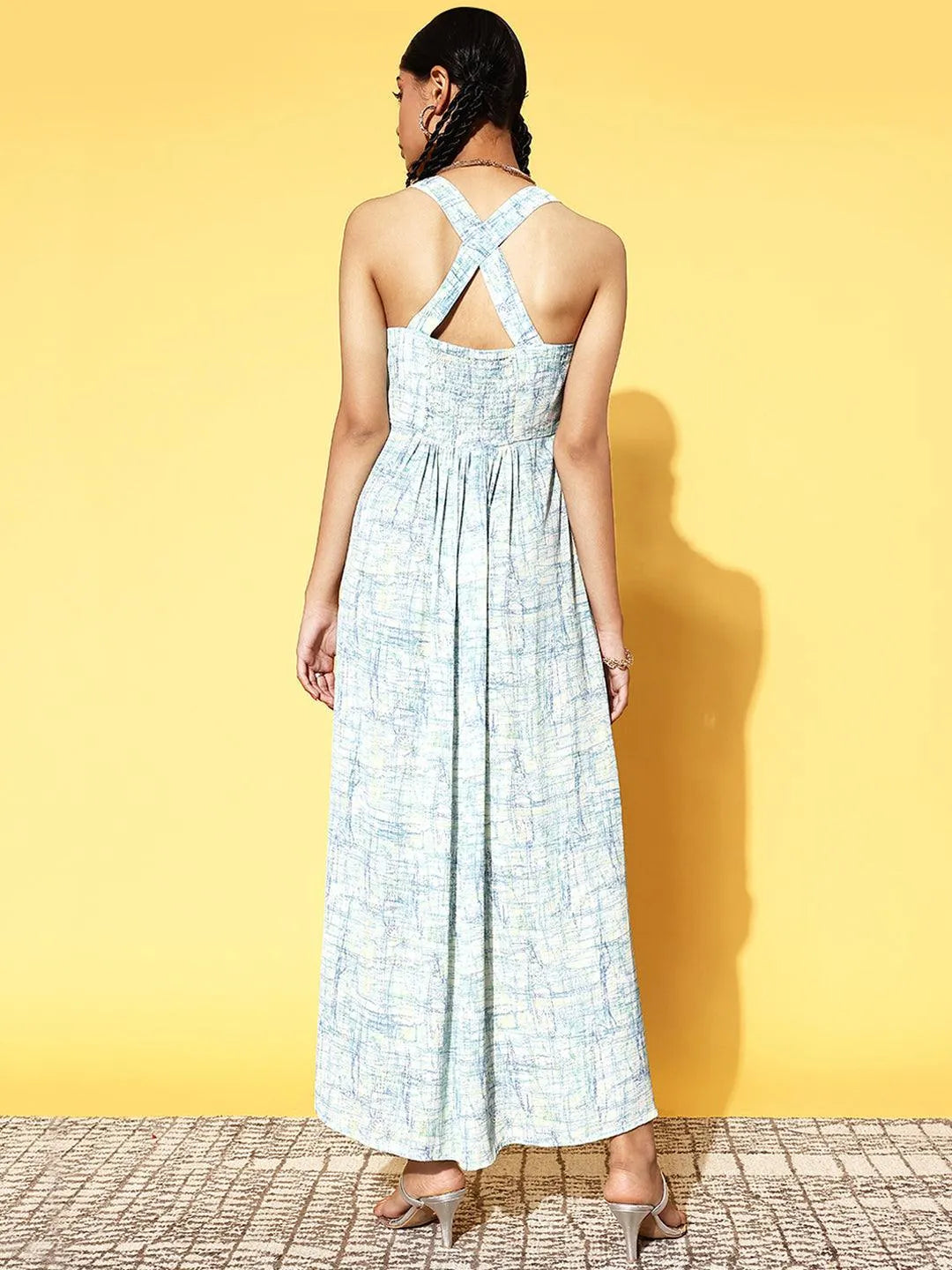 Off White Printed Georgette Fit and Flare Dress - Libas 