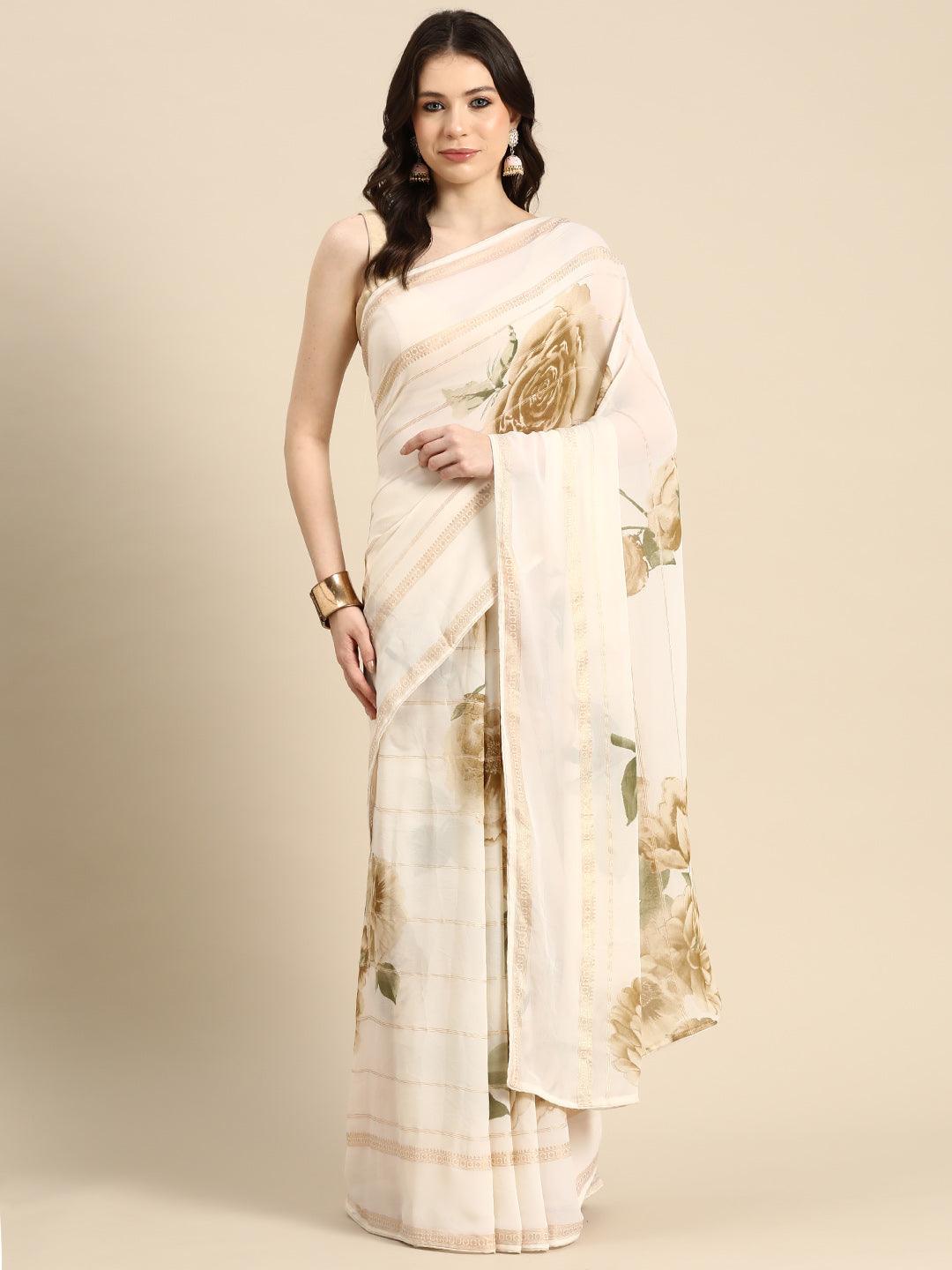 Off White Printed Georgette Saree - Libas