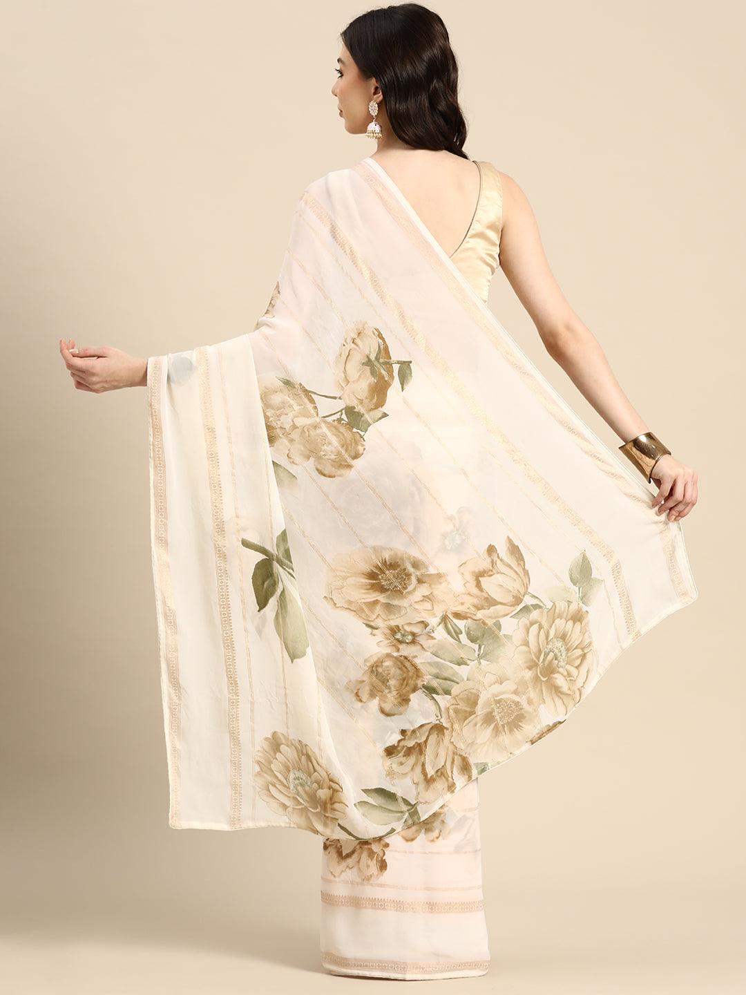 Off White Printed Georgette Saree - Libas