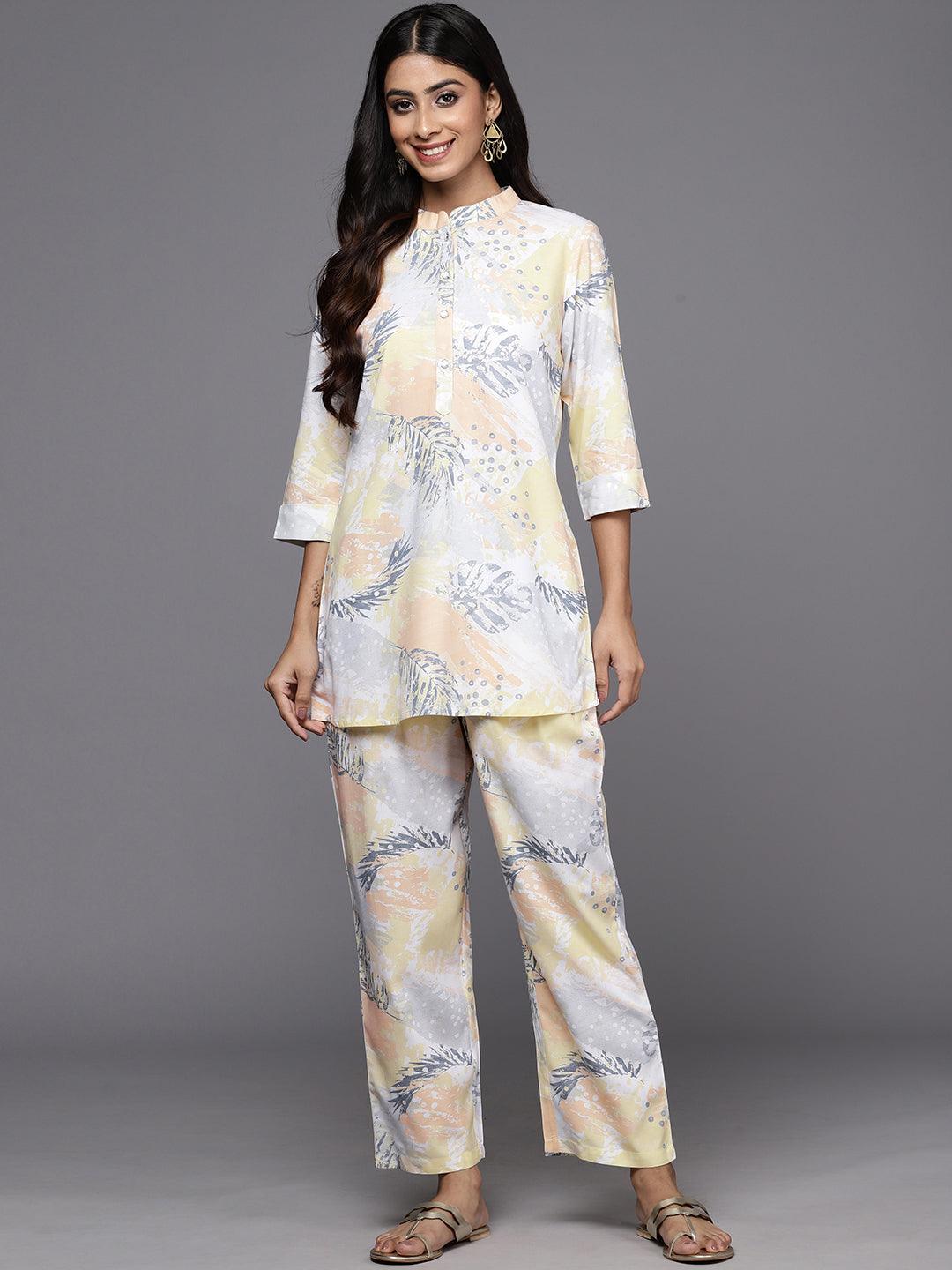 Off White Printed Rayon Co-Ords - Libas