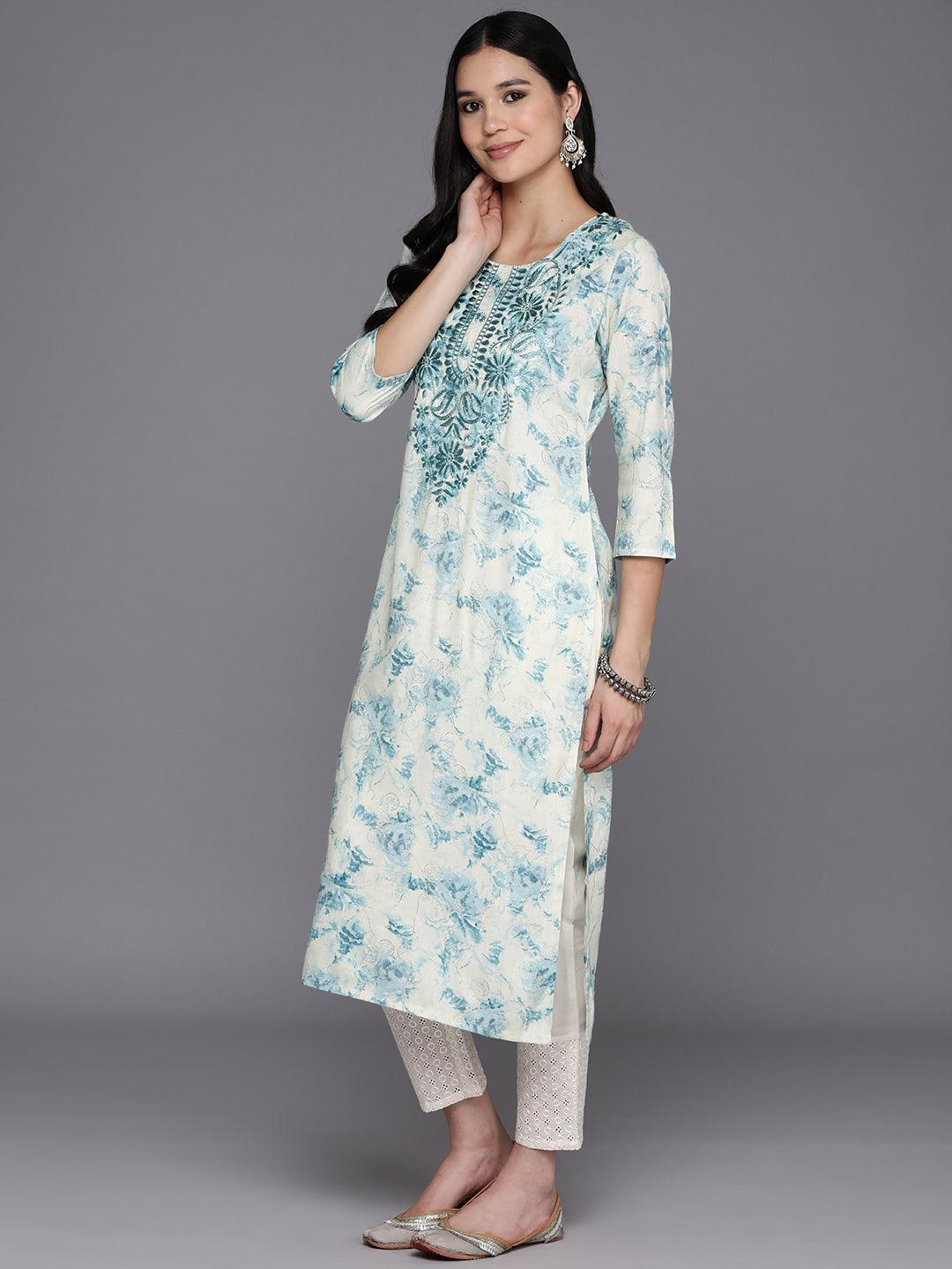 Off White Printed Rayon Straight Kurta - Libas