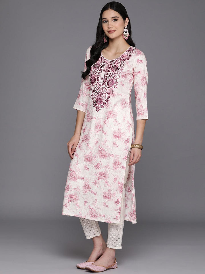 Off White Printed Rayon Straight Kurta - Libas