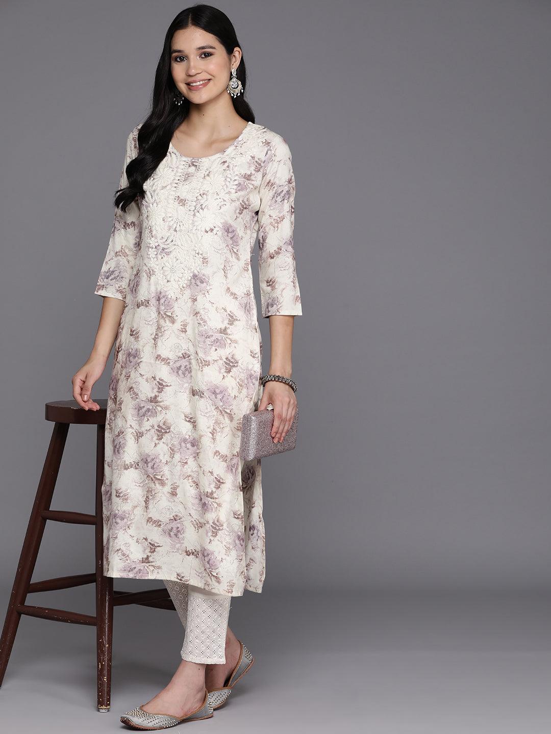 Off White Printed Rayon Straight Kurta - Libas