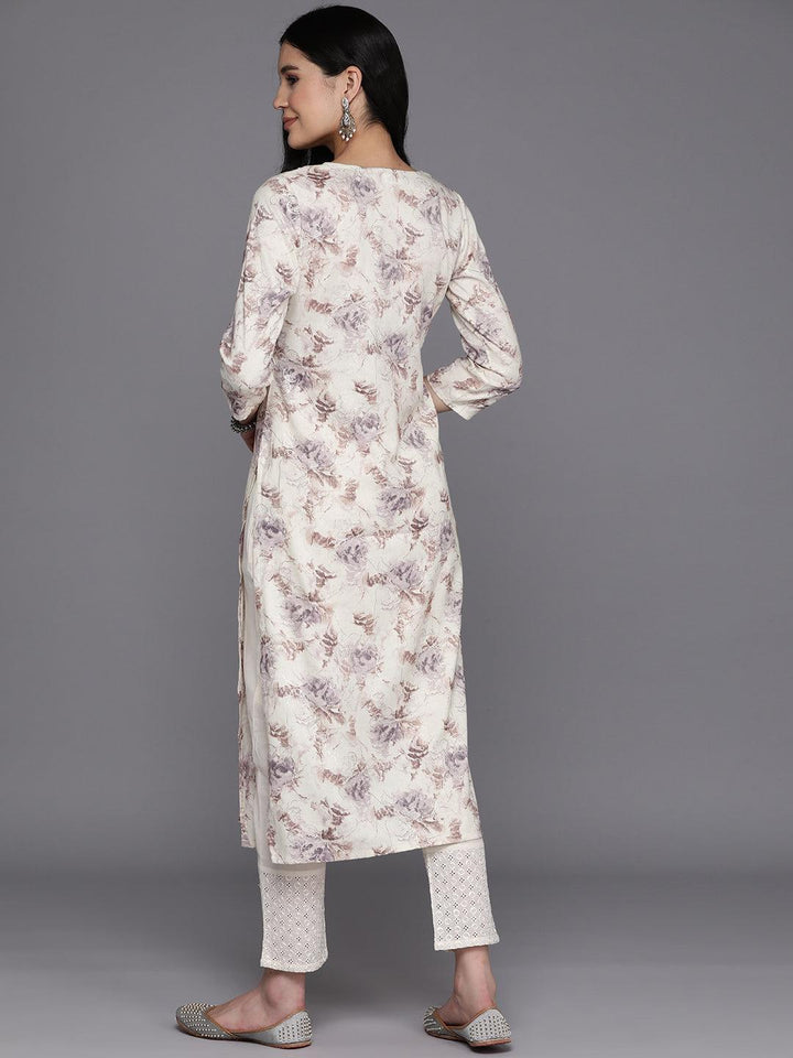 Off White Printed Rayon Straight Kurta - Libas