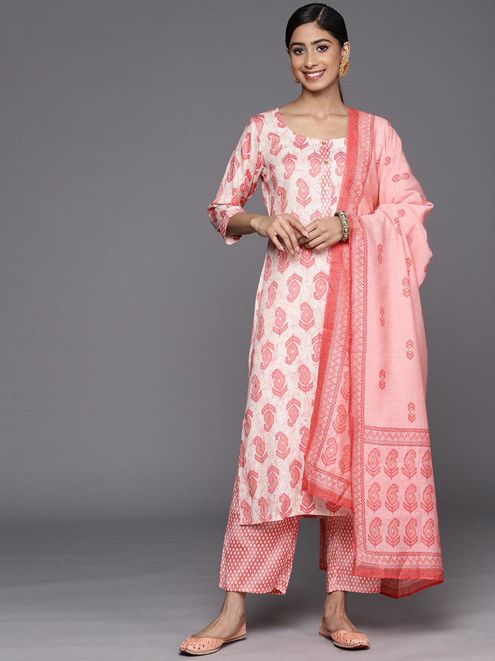 Off White Printed Rayon Straight Suit Set With Trousers - Libas