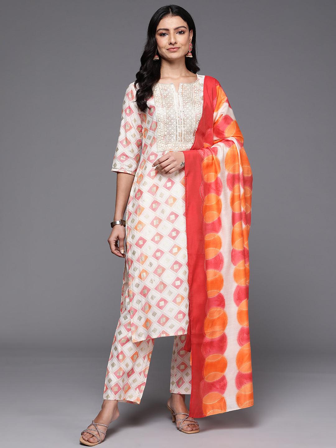 Off White Printed Silk Blend Straight Kurta With Palazzos & Dupatta - Libas