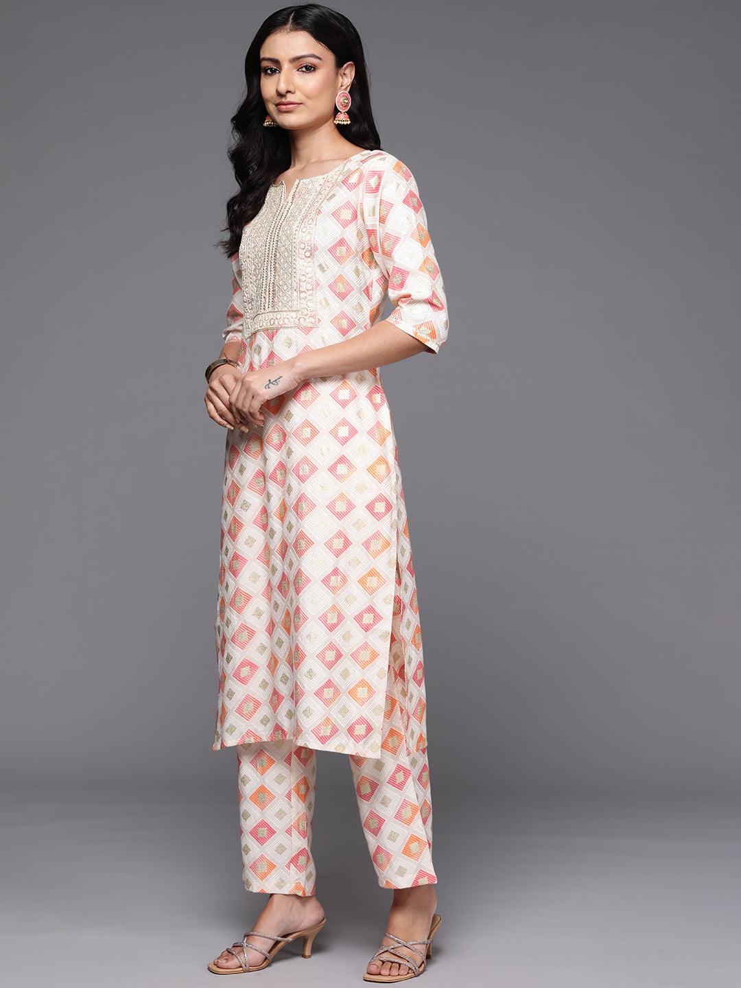 Off White Printed Silk Blend Straight Kurta With Palazzos & Dupatta - Libas 