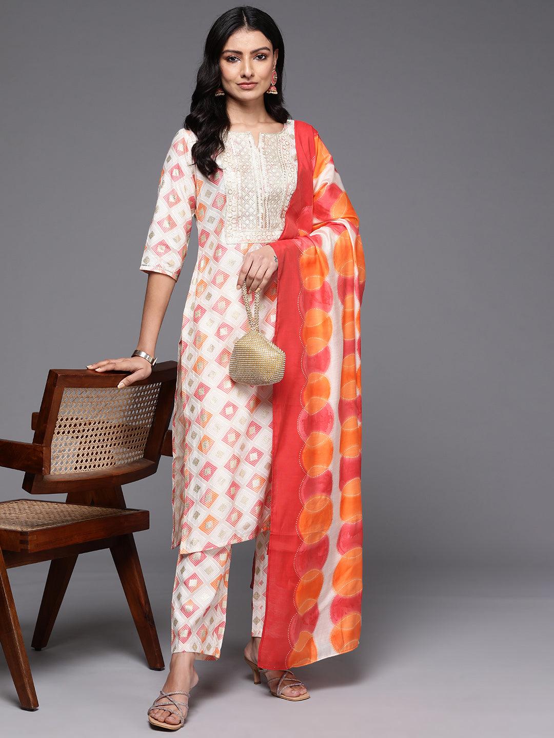 Off White Printed Silk Blend Straight Kurta With Palazzos & Dupatta - Libas