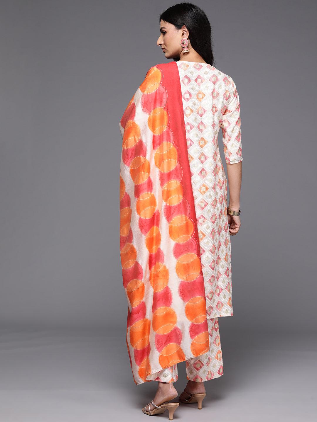 Off White Printed Silk Blend Straight Kurta With Palazzos & Dupatta - Libas 