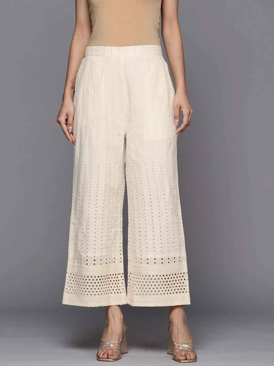 Off White Embroidered Cotton Palazzos - Libas