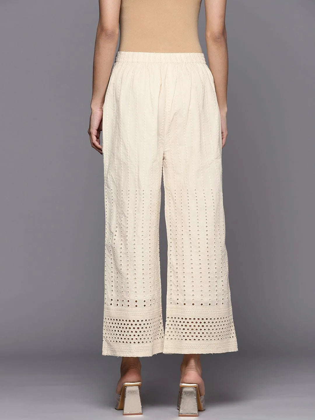 Off White Embroidered Cotton Palazzos - Libas