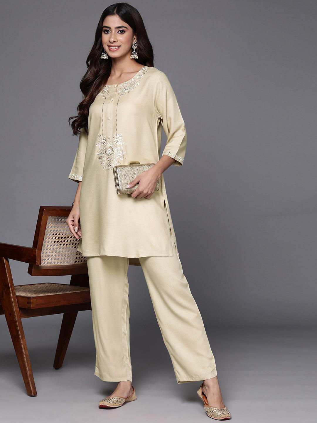 Off White Self Design Wool Blend Tunic With Trousers - Libas