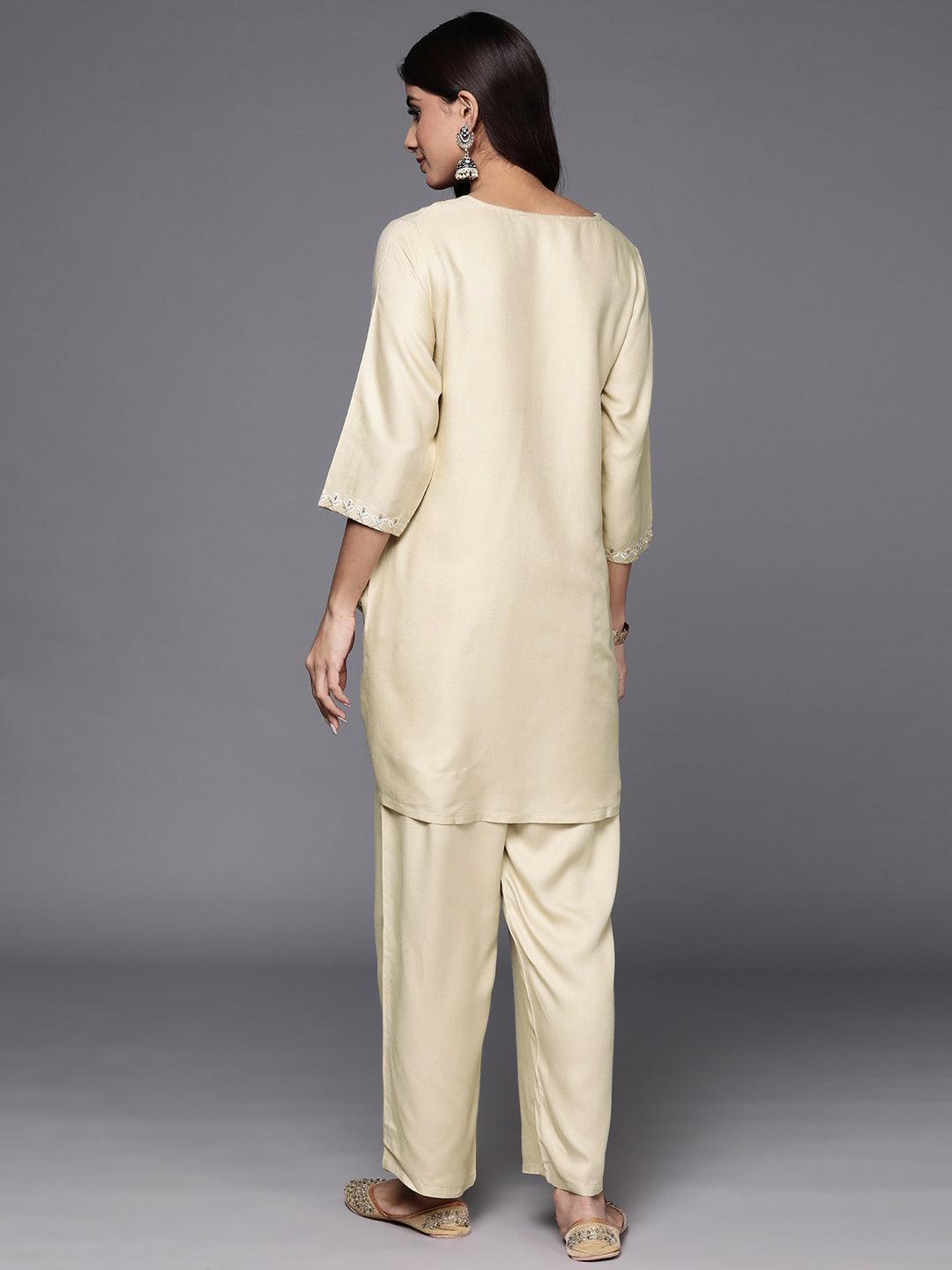 Off White Self Design Wool Blend Tunic With Trousers - Libas