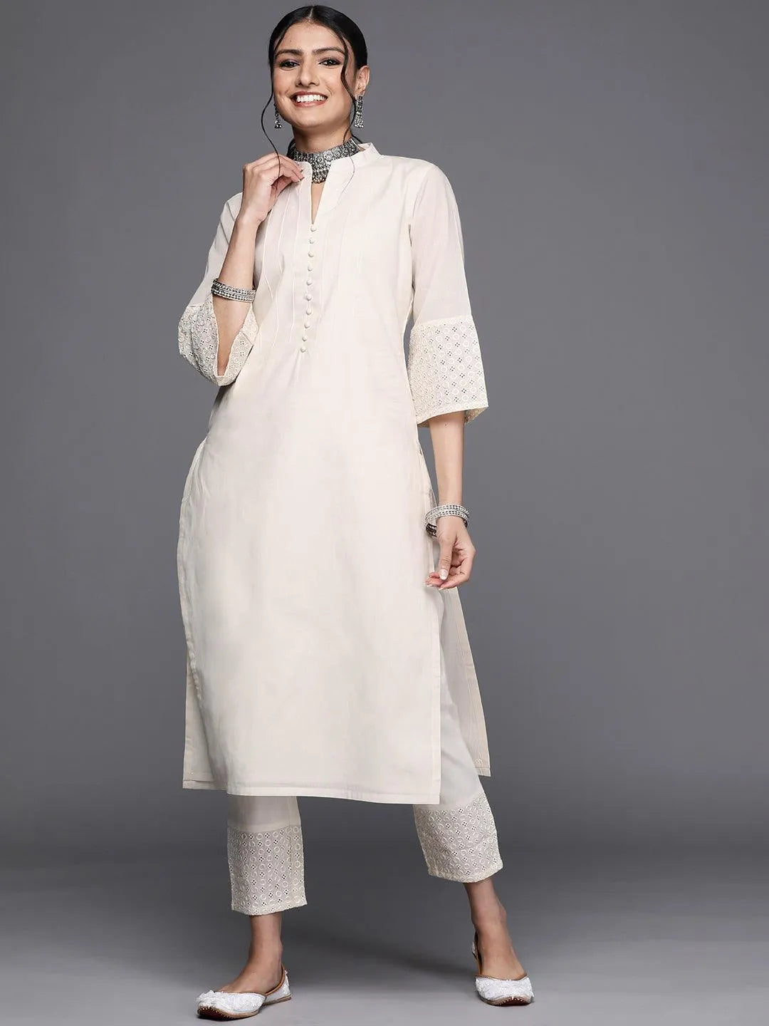 Off White Solid Cotton Kurta - Libas 