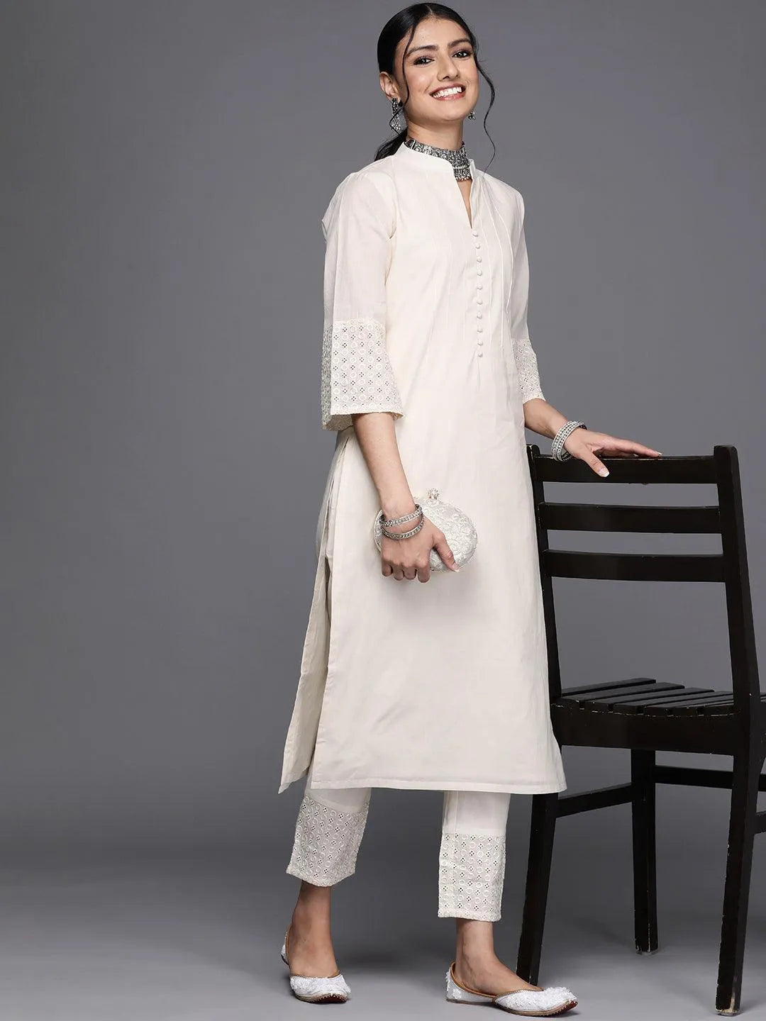 Off White Solid Cotton Kurta - Libas 