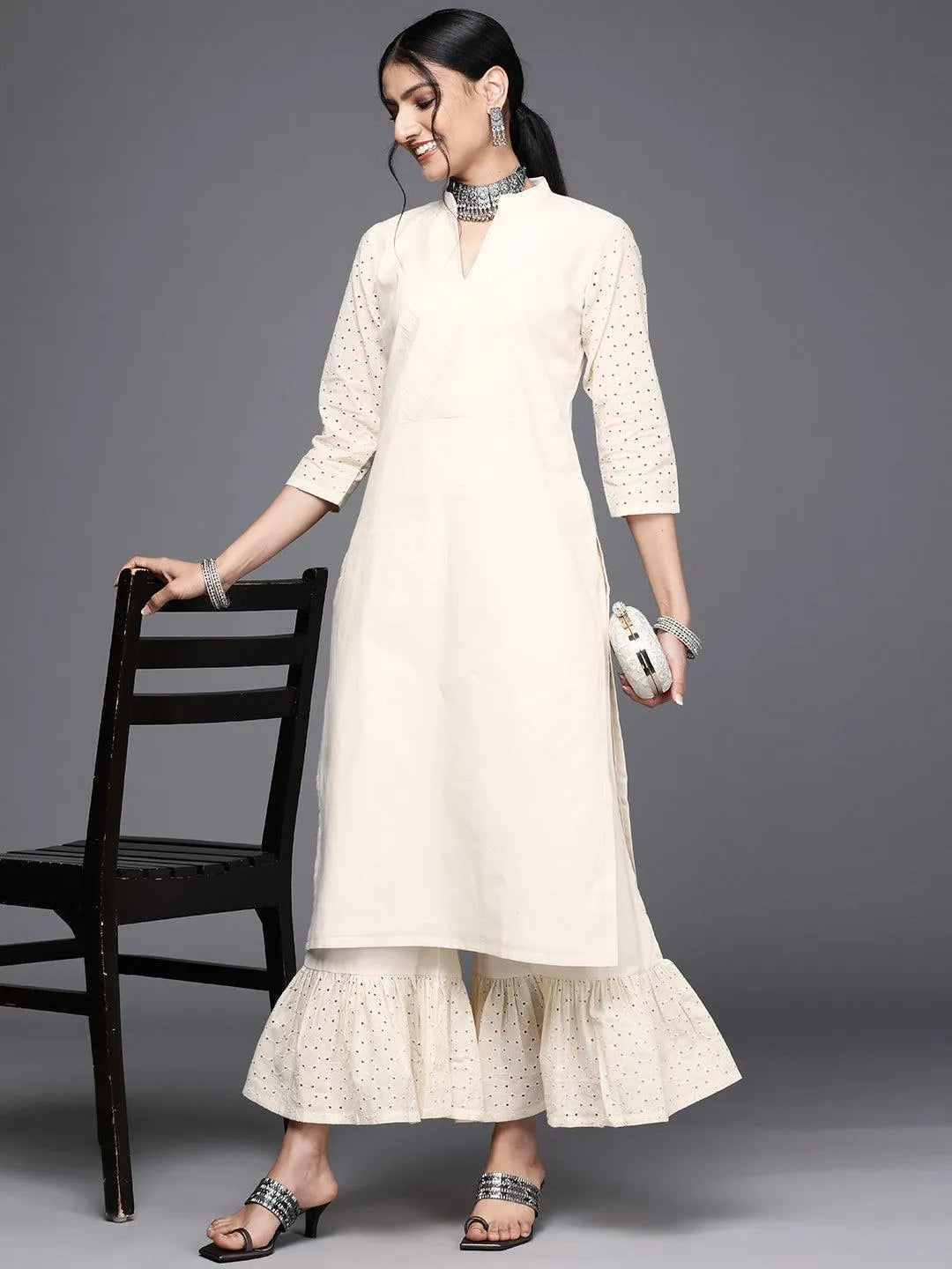 Off White Solid Cotton Kurta - Libas