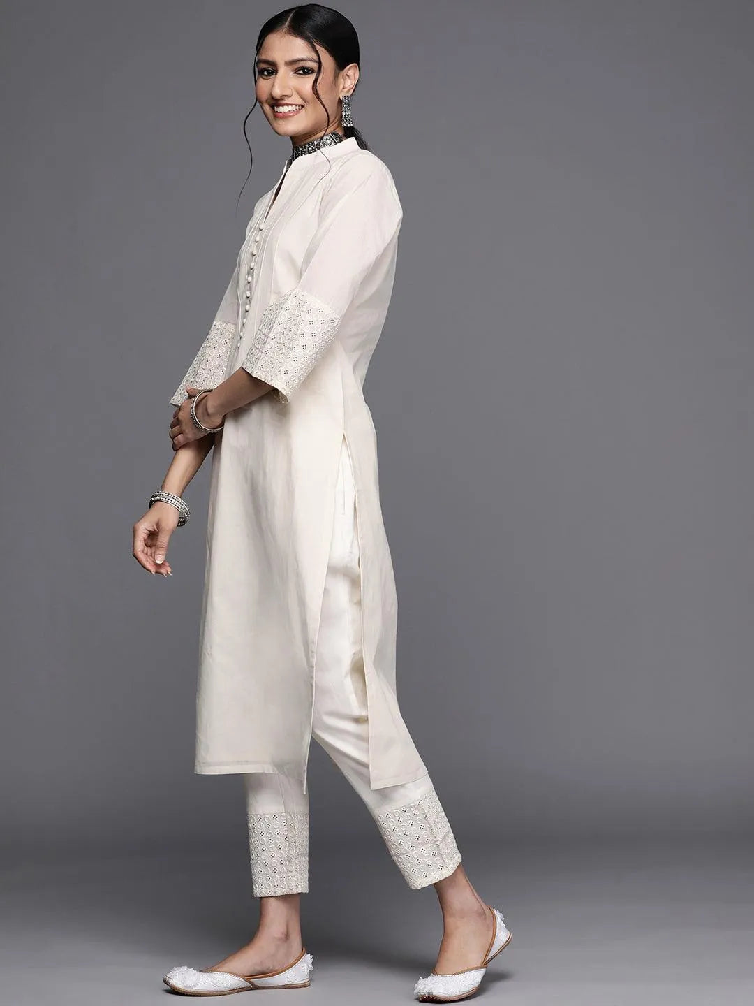 Off White Solid Cotton Kurta - Libas 