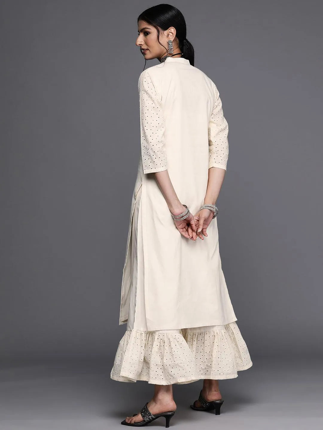 Off White Solid Cotton Kurta - Libas 