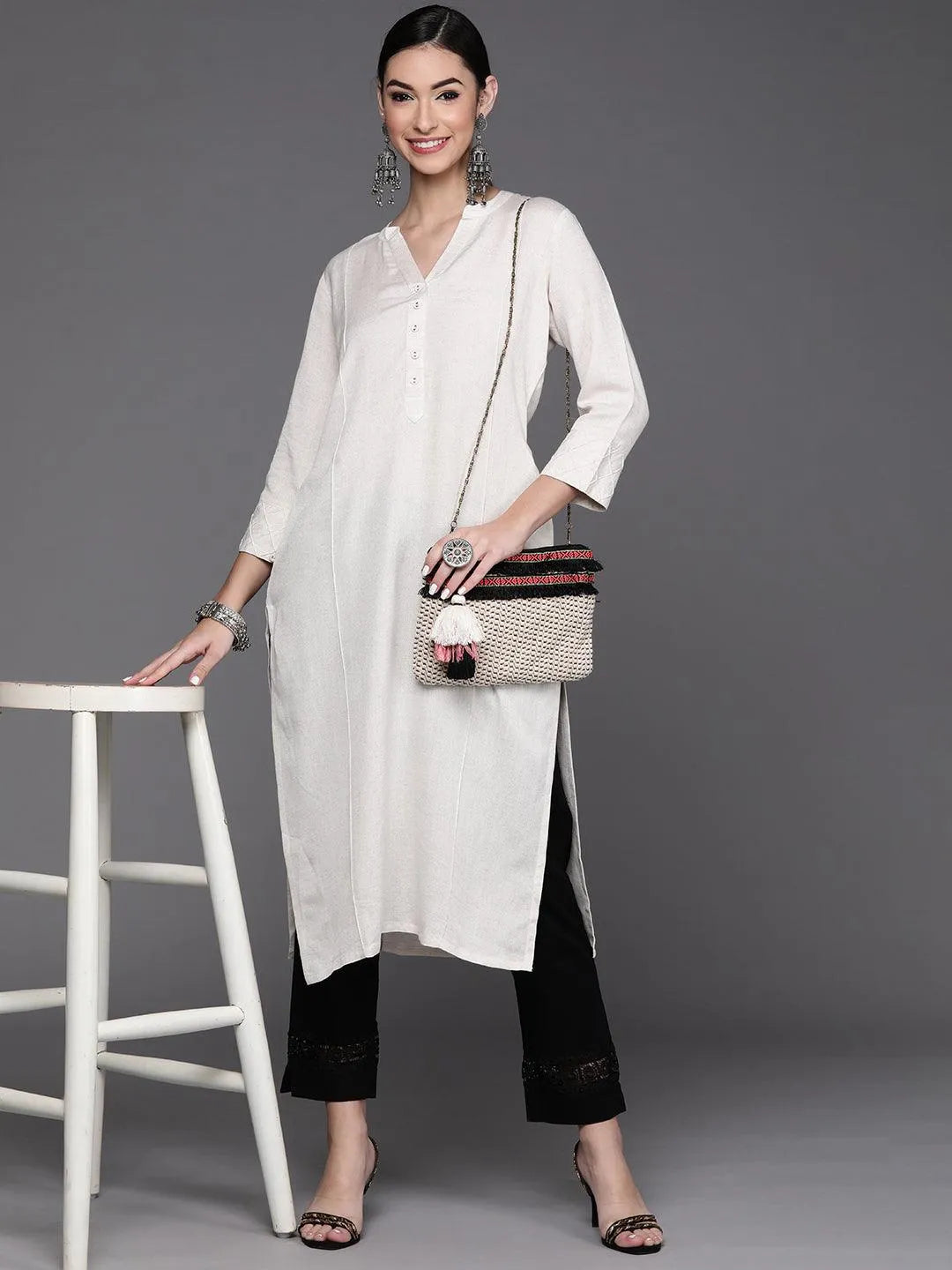 Off White Solid Cotton Kurta - Libas 