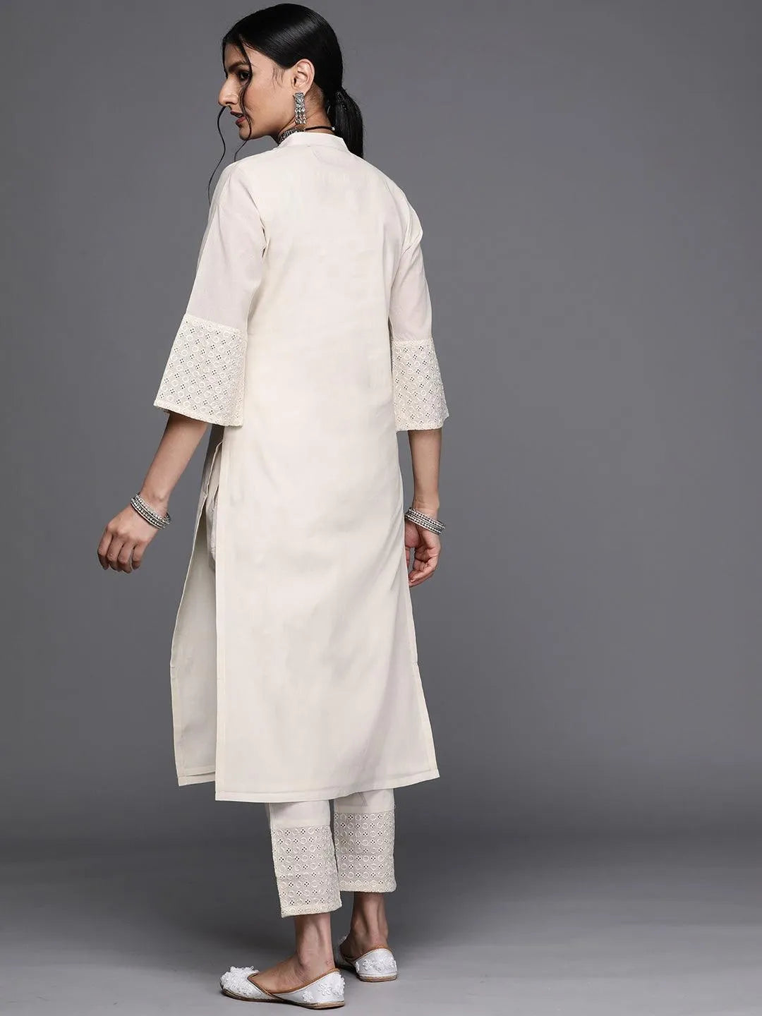 Off White Solid Cotton Kurta - Libas 