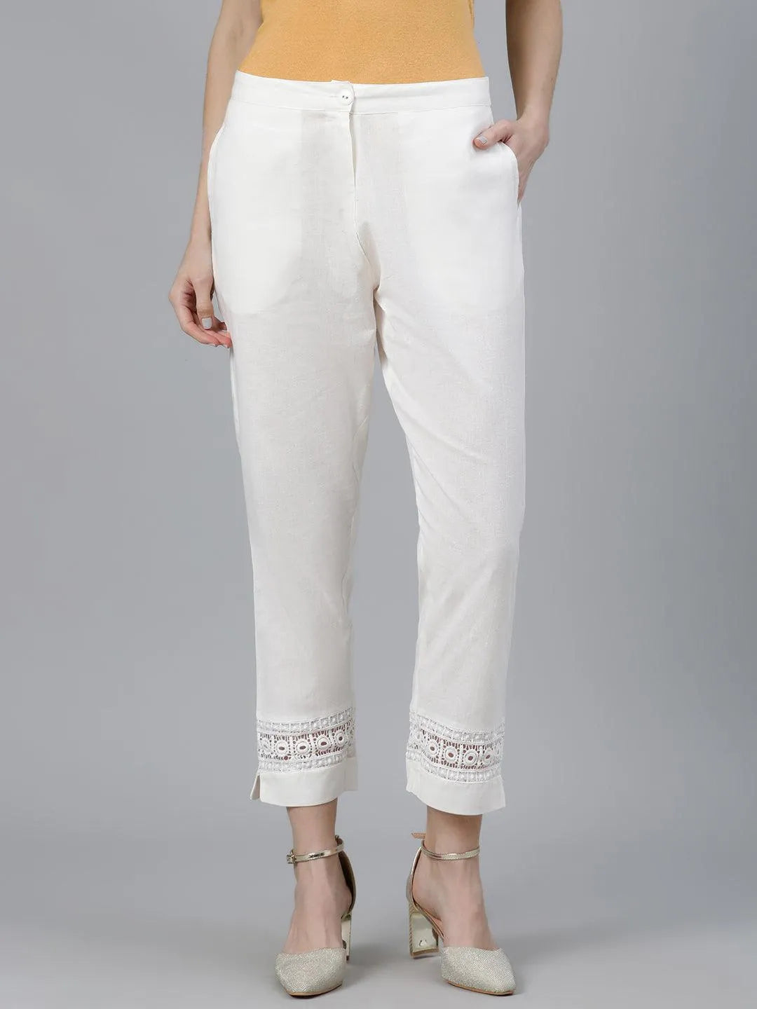 Off-White Solid Cotton Palazzos - Libas 